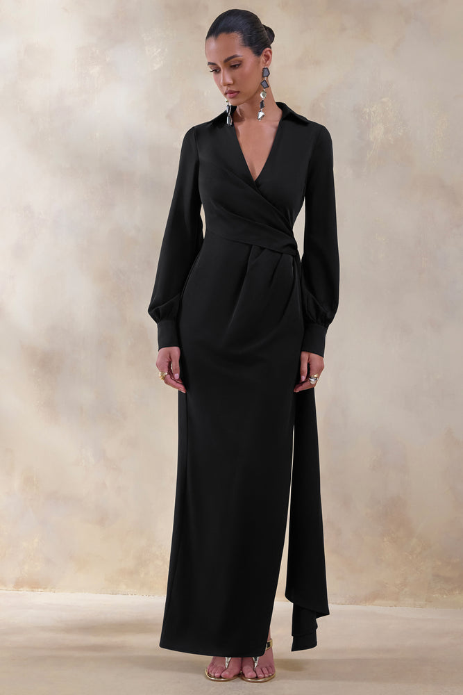 Vita | Black Plunge-Neck Wrap Maxi Dress - UK 16 Black