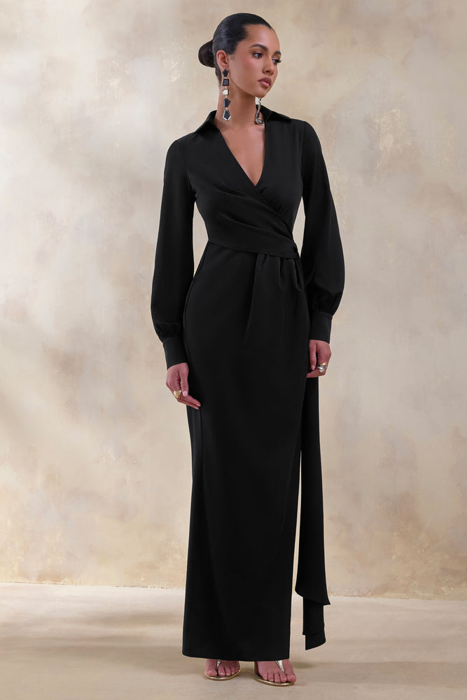 Vita | Black Plunge-Neck Wrap Maxi Dress - UK 16 Black Vita | Black Plunge-Neck Wrap Maxi Dress - UK 16 Black