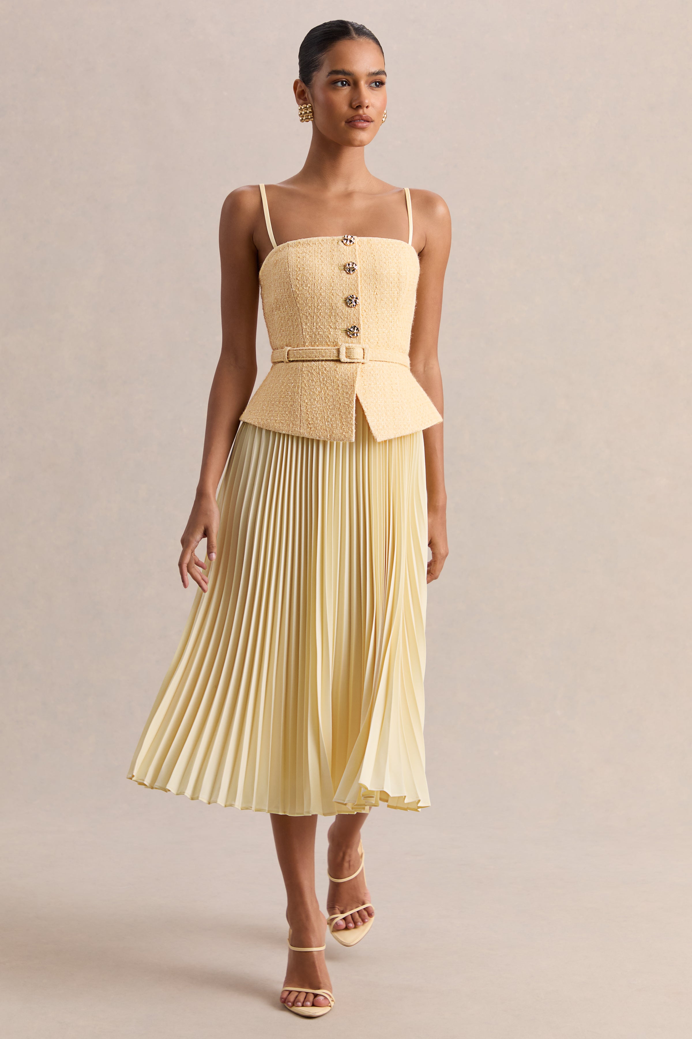 Lizzy | Lemon Square-Neck Midi Dress With Pleated-Skirt – Club L