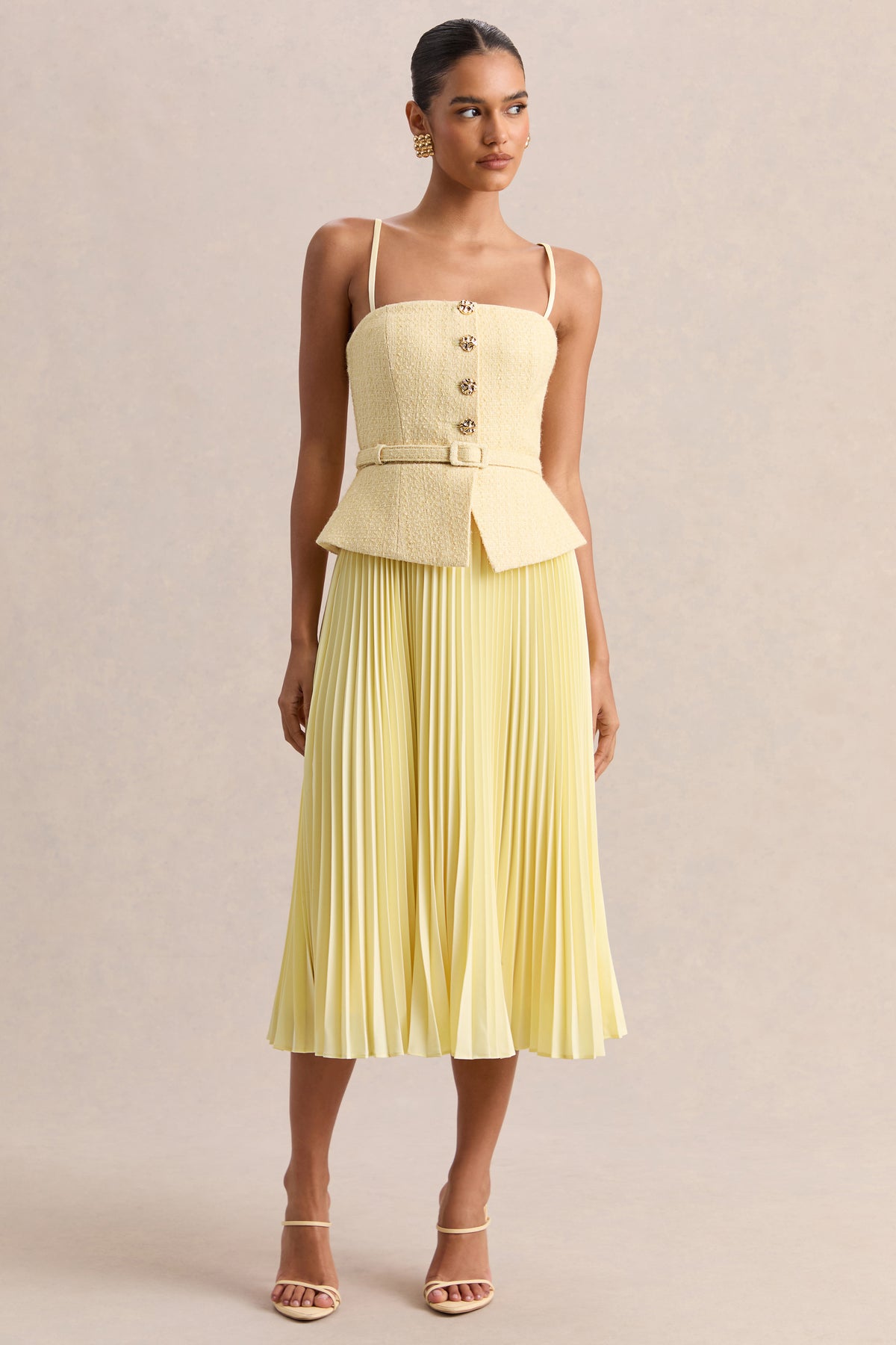 Lizzy Lemon Square-Neck Midi Dress With Pleated-Skirt – Club L London Lizzy Lemon Square-Neck Midi Dress With Pleated-Skirt – Club L London