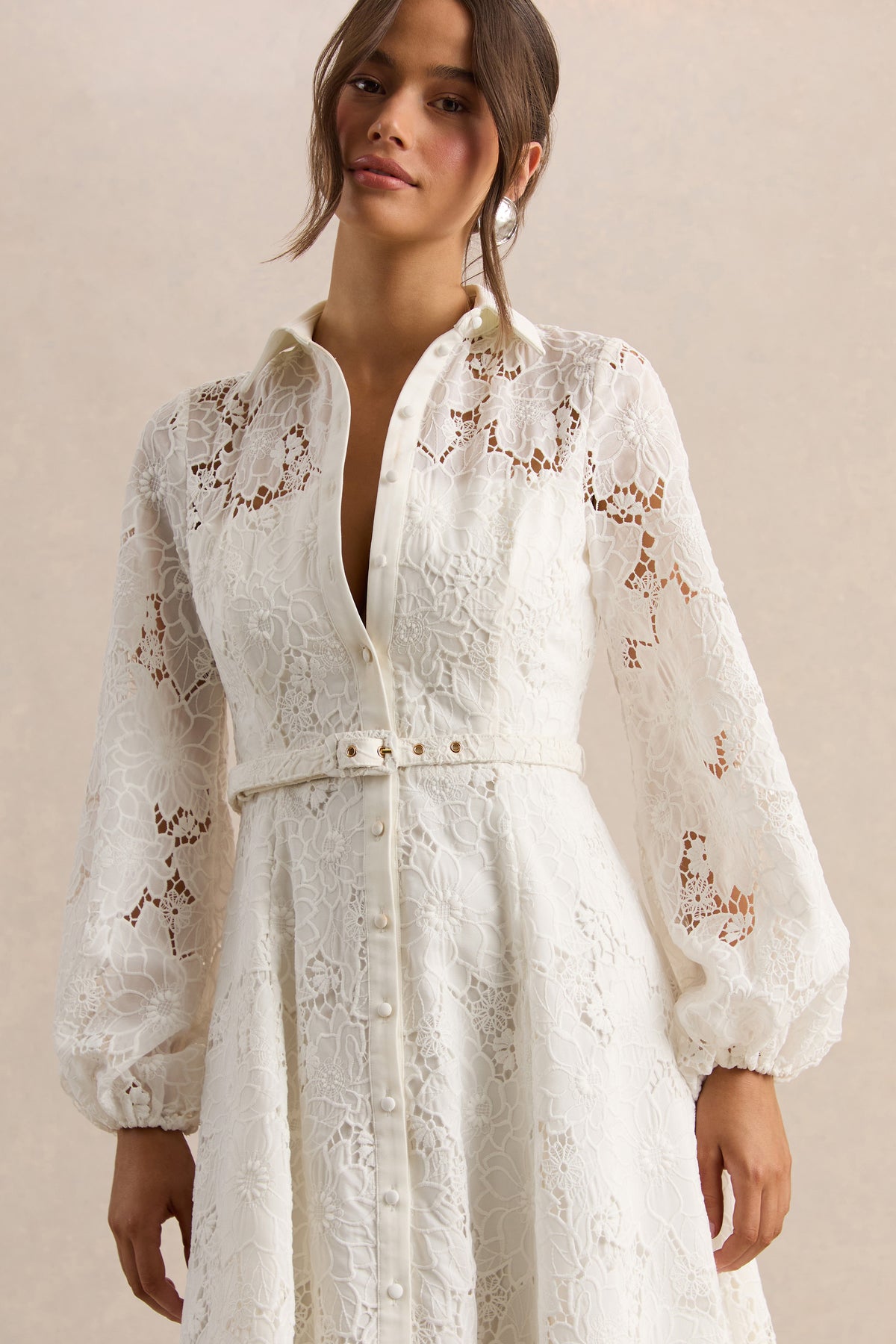 Jules Cream Broderie High-Neck Tailored Midi Dress With Puff-Sleeves – Club  L London