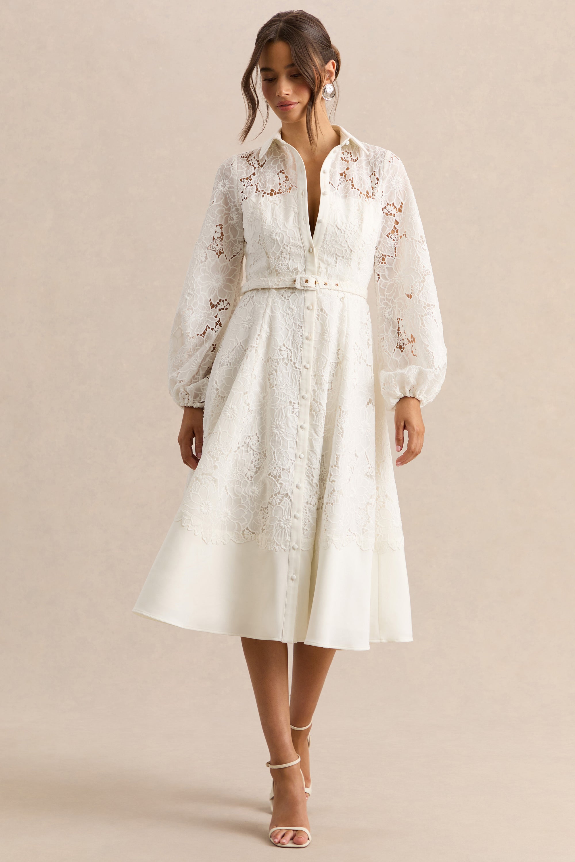cream midi long sleeve dress self-portrait - Cream Boucle Long Sleeve Chiffon Midi Dress