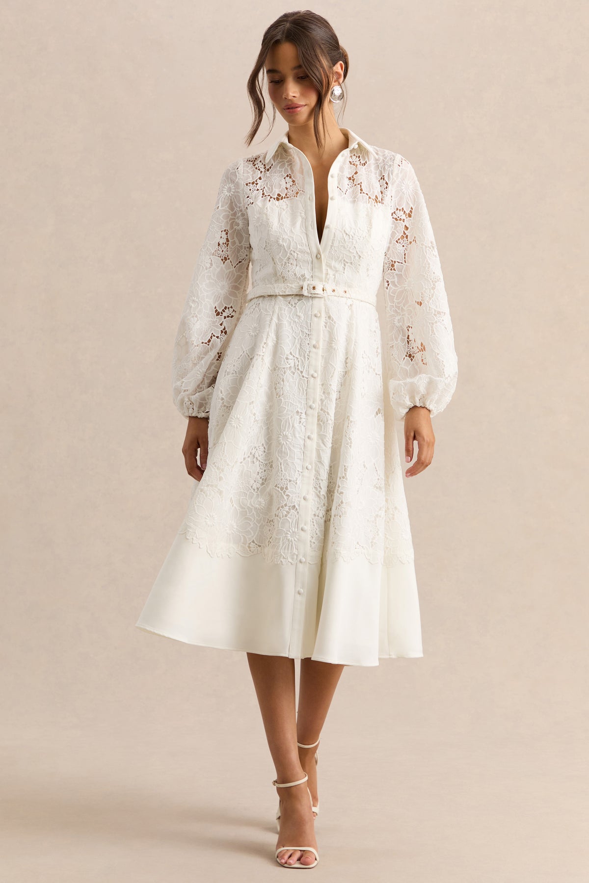 Jules | Cream Broderie High-Neck Tailored Midi Dress With Puff-Sleeves US 2 / OFF White Jules | Cream Broderie High-Neck Tailored Midi Dress With Puff-Sleeves US 2 / OFF White