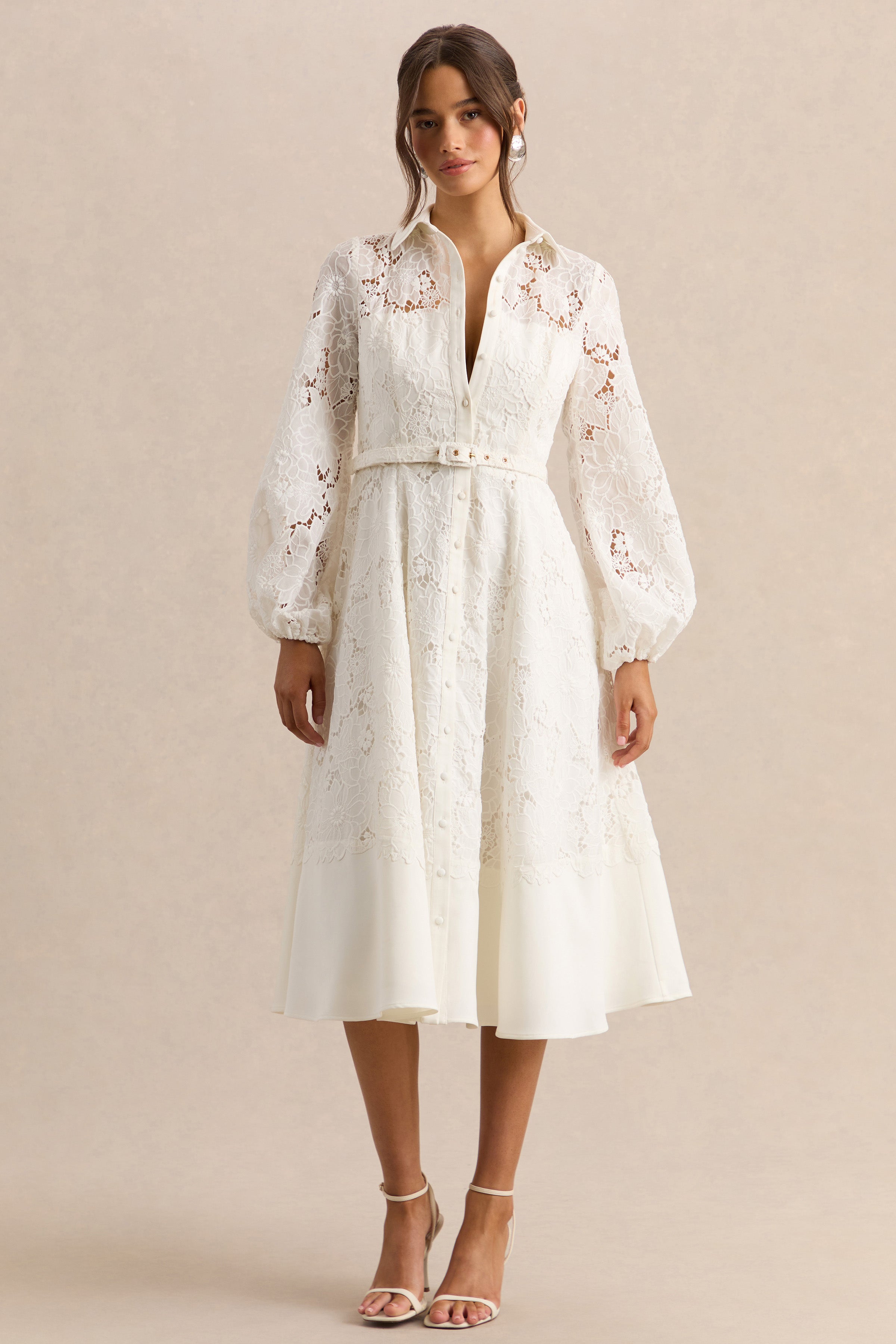 Jules | Cream Broderie V Neck Long Sleeve A-Line Midi Dress With