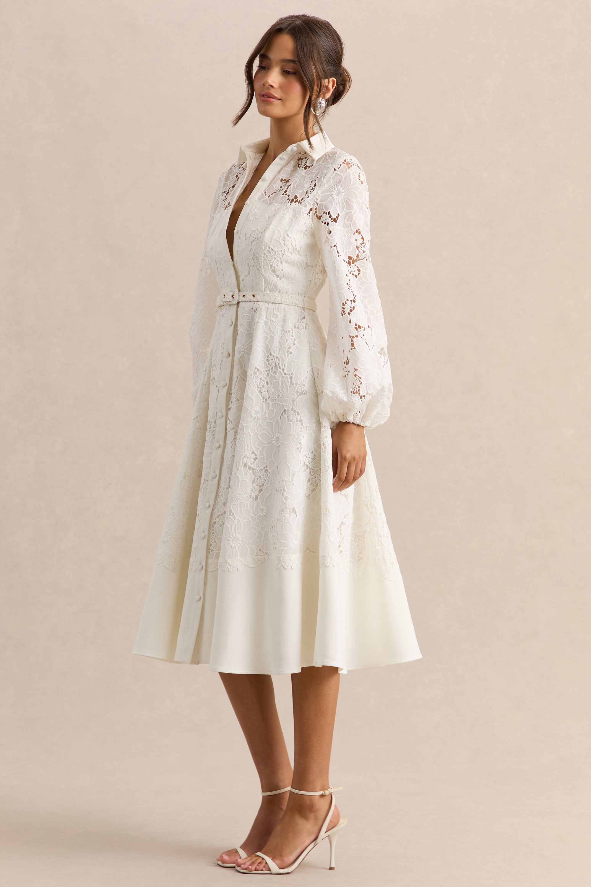 midi cream dress with sleeves Karen Millen Viscose Blend Rib Knit Chiffon Sleeve Midi Dress in Cream