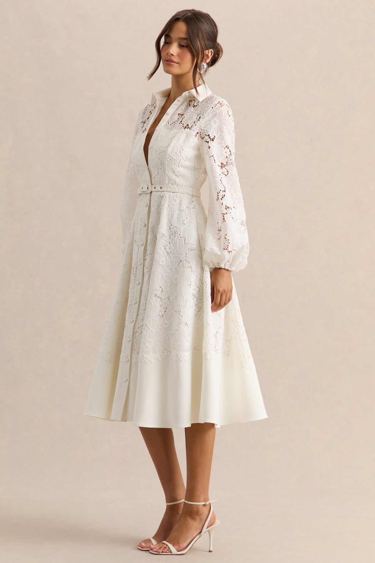 Jules Cream Broderie High-Neck Tailored Midi Dress With Puff-Sleeves – Club  L London