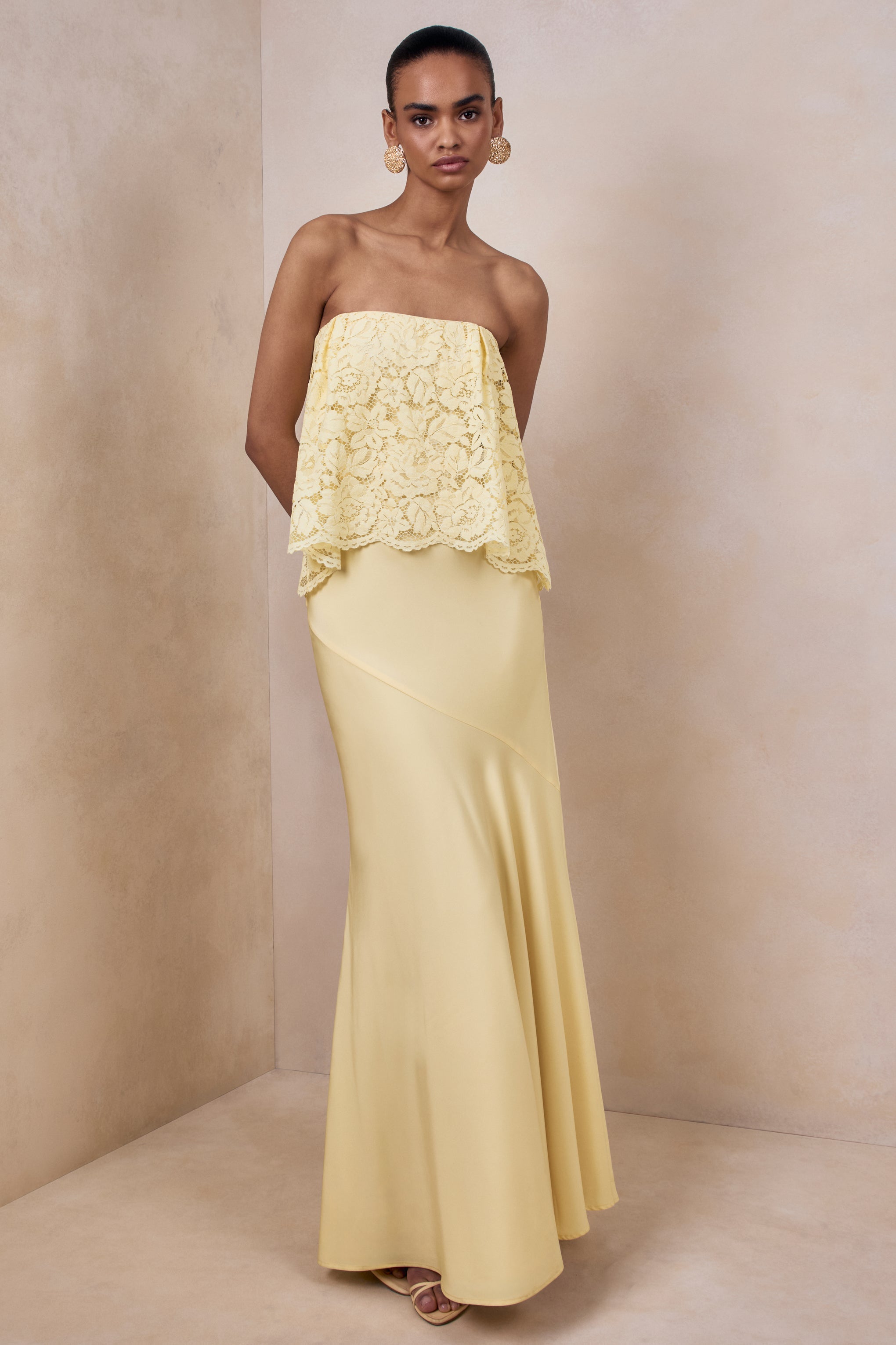 Clemency | Lemon Lace And Matte Satin Bandeau Maxi Dress – Club L