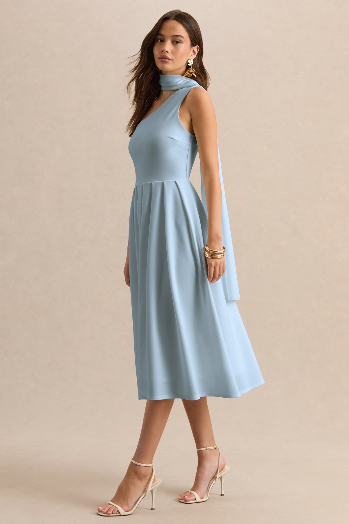 Odette Powder Blue Asymmetric-Neck Midi Dress With Scarf Club L London - USA Odette Powder Blue Asymmetric-Neck Midi Dress With Scarf Club L London - USA