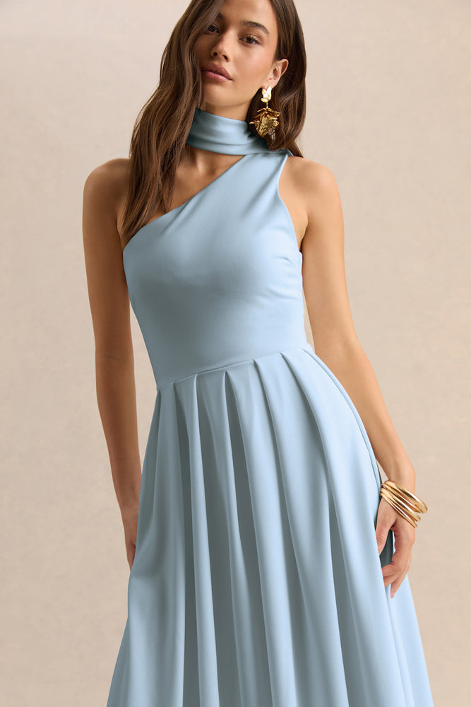 Odette | Powder BLUE Asymmetric-Neck Midi Dress With Scarf - UK 6 LIGHT BLUE Odette | Powder BLUE Asymmetric-Neck Midi Dress With Scarf - UK 6 LIGHT BLUE
