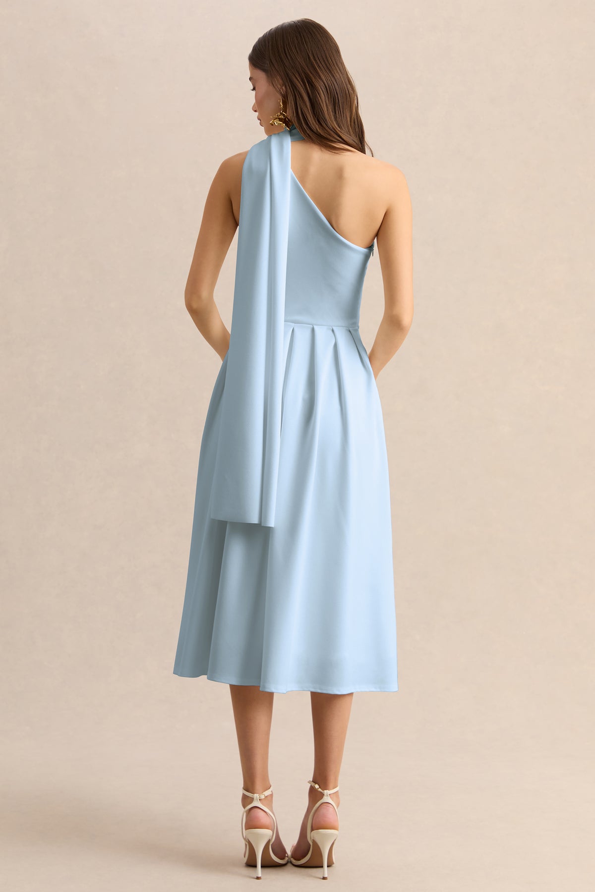 Odette Powder Blue Asymmetric-Neck Midi Dress With Scarf Club L London - USA Odette Powder Blue Asymmetric-Neck Midi Dress With Scarf Club L London - USA