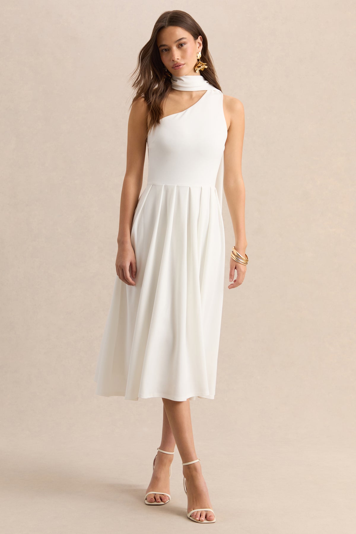 Odette White Asymmetric-Neck Midi Dress With Scarf Club L London - USA Odette White Asymmetric-Neck Midi Dress With Scarf Club L London - USA