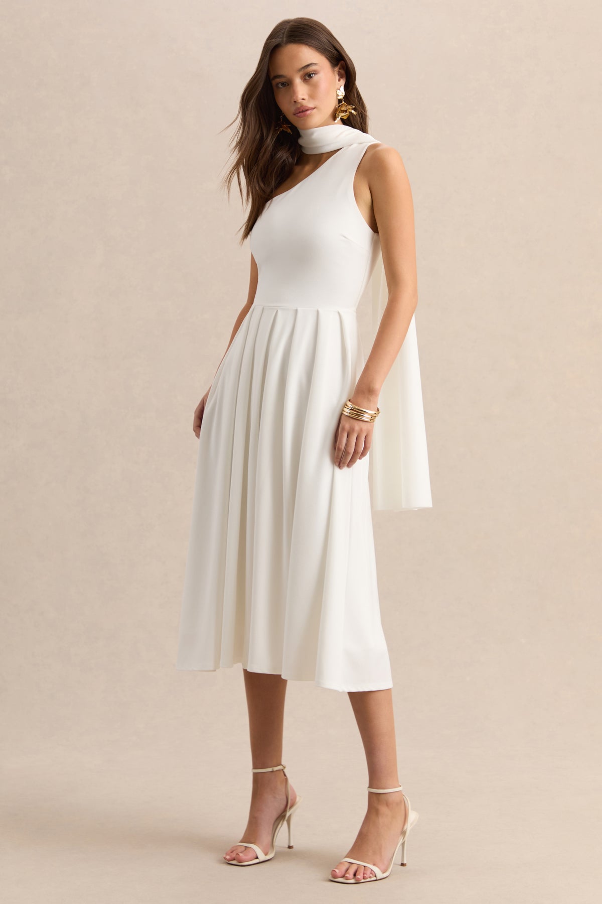 asymmetric ruched midi dress in ivory Odette | White Asymmetric-Neck Midi Dress With Scarf
