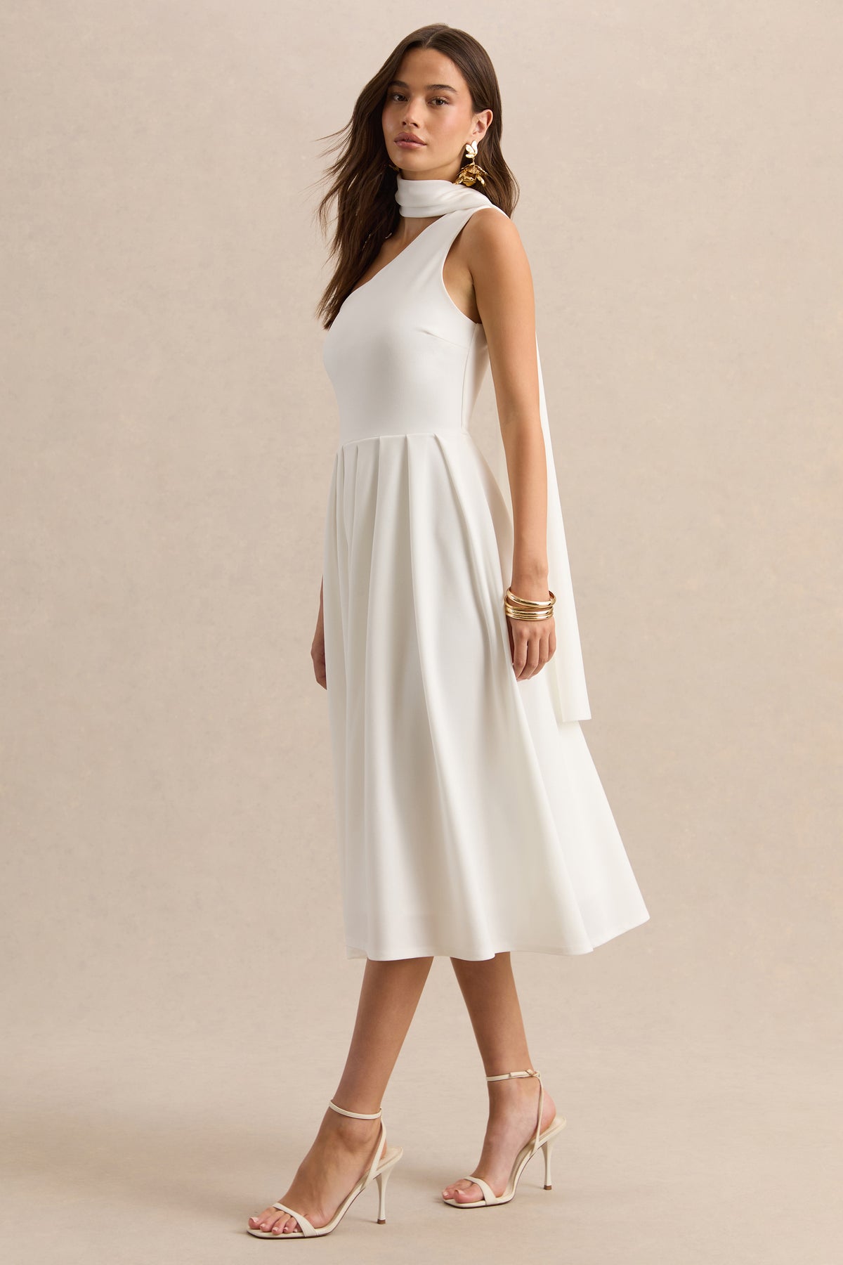 Odette | White Asymmetric-Neck Midi Dress With Scarf - UK 16 White Odette | White Asymmetric-Neck Midi Dress With Scarf - UK 16 White