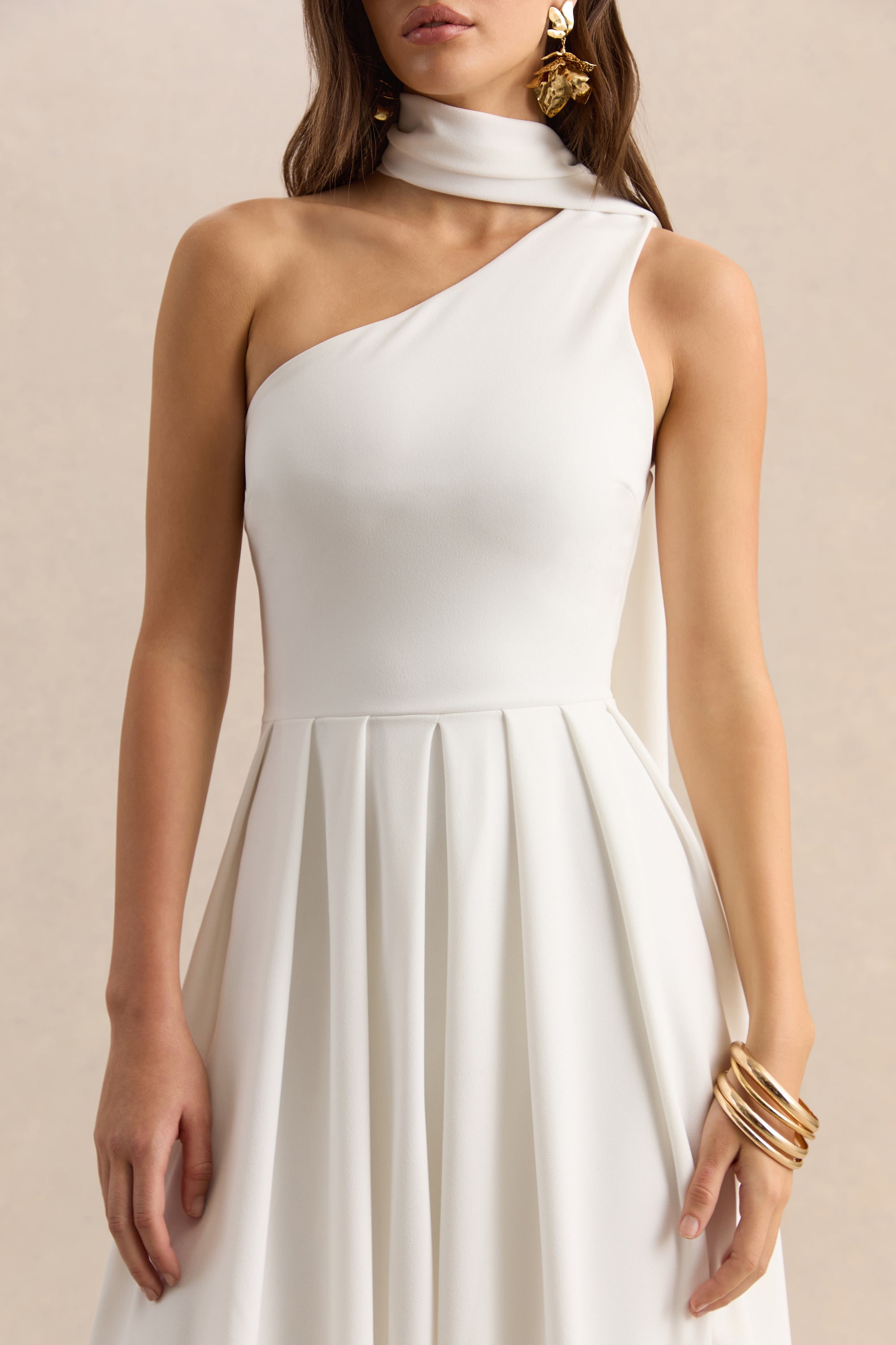 white asymmetric midi dress Arrabel Tiered Ruffle Asymmetric Midi Dress White