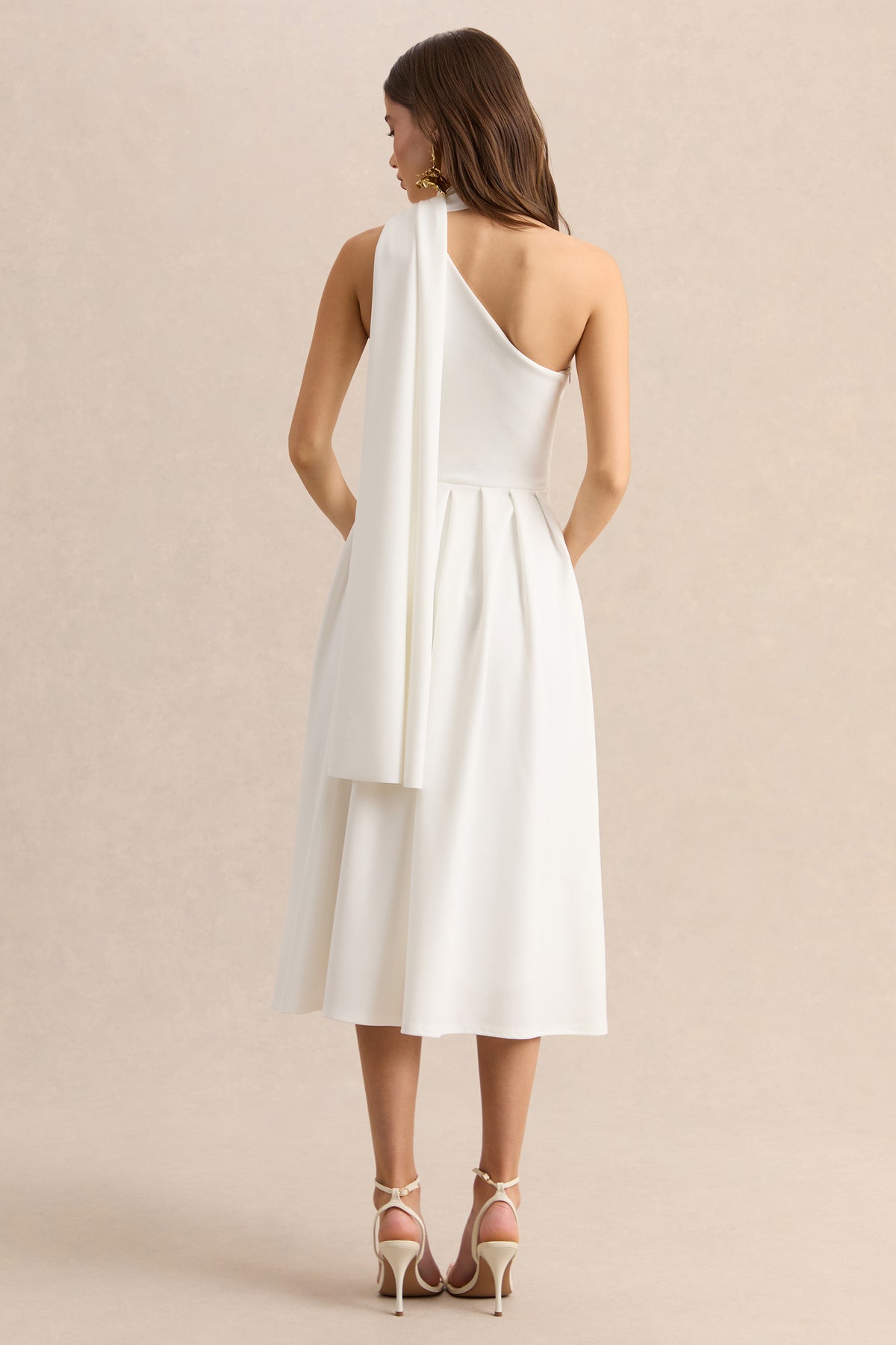 Odette | White Asymmetric-Neck Midi Dress With Scarf - UK 8 White