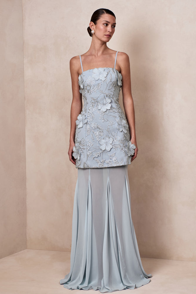 CLUB L LONDON - USA - Nessa ~ Light Blue 3D Floral Square-Neck Maxi Dress With Sheer Skirt