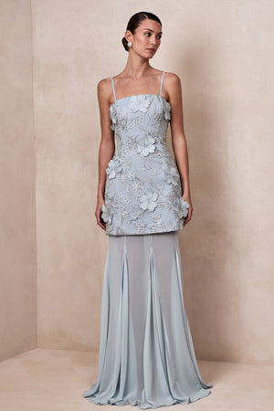 Nessa | Light Blue 3D Floral Square-Neck Maxi Dress With Sheer