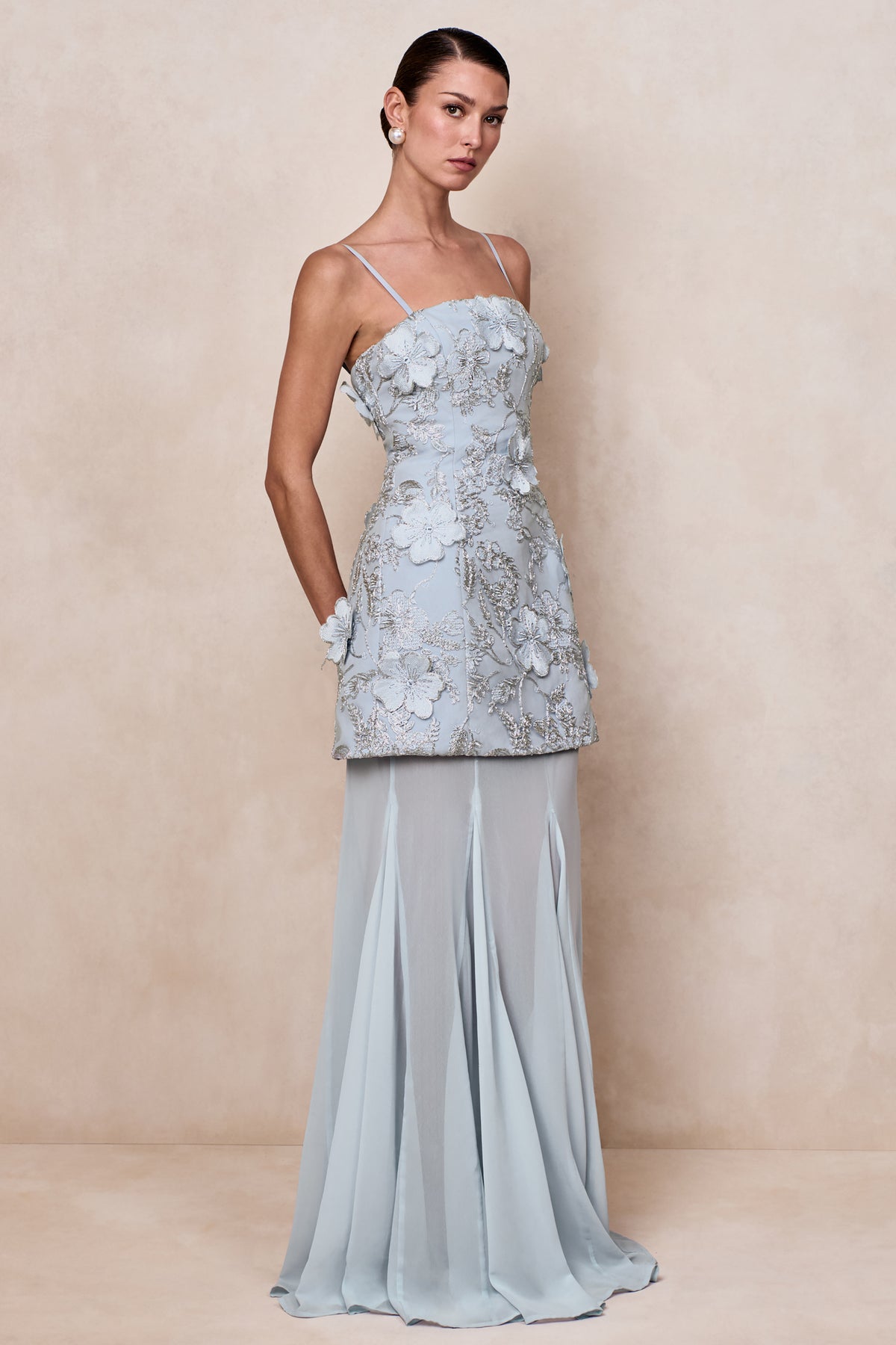 Nessa Light Blue 3D Floral Square-Neck Maxi Dress With Sheer Skirt Club L London - USA Nessa Light Blue 3D Floral Square-Neck Maxi Dress With Sheer Skirt Club L London - USA