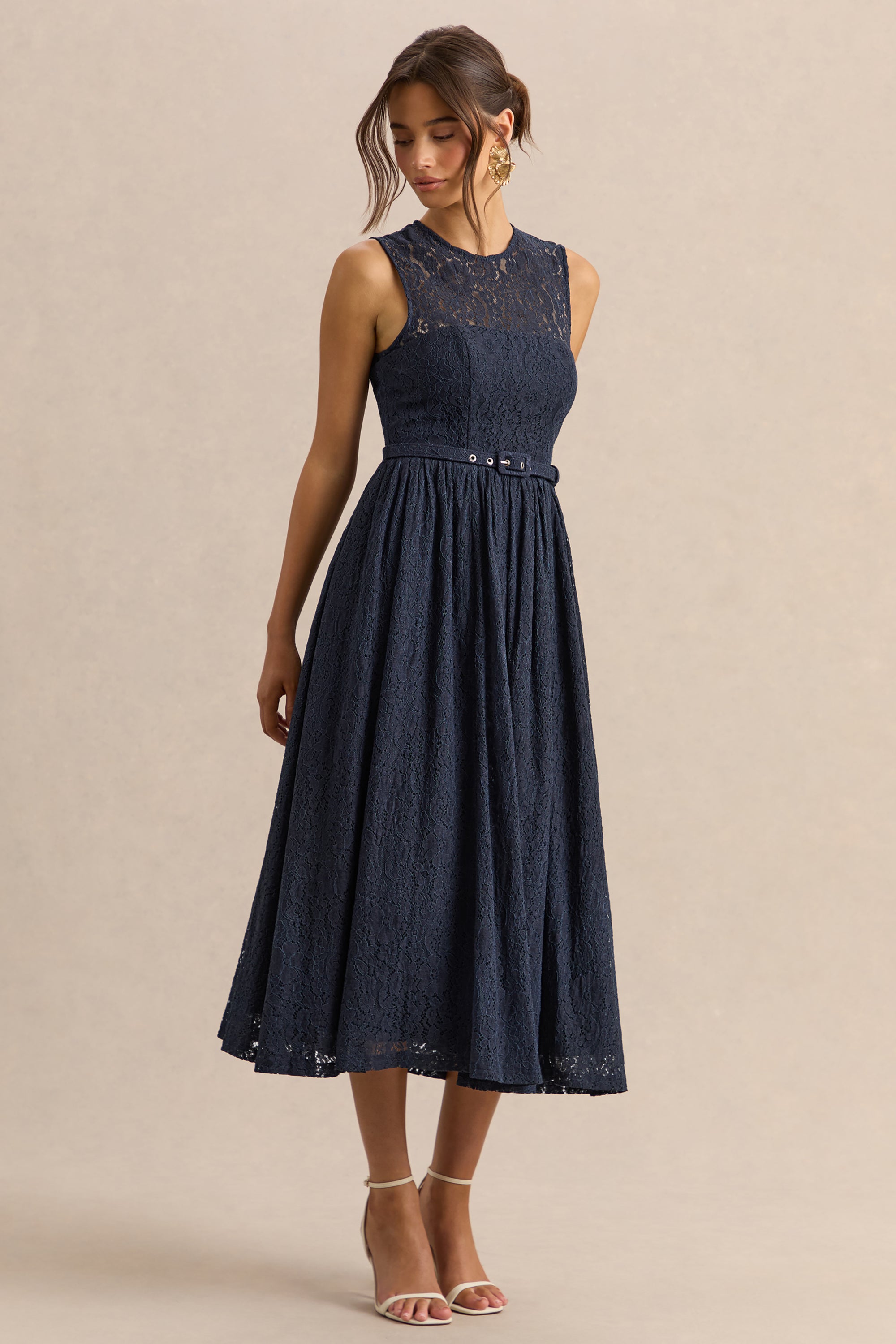 navy high neck midi dress Bellona | NAVY High-Neck High-Low Midi Dress
