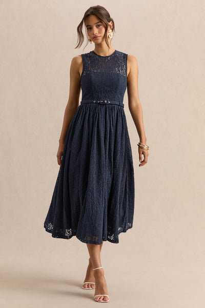 chinese dress ladies Floral Lace Midi Dress with Tailored Collar and Belted Waist - Navy main image 1