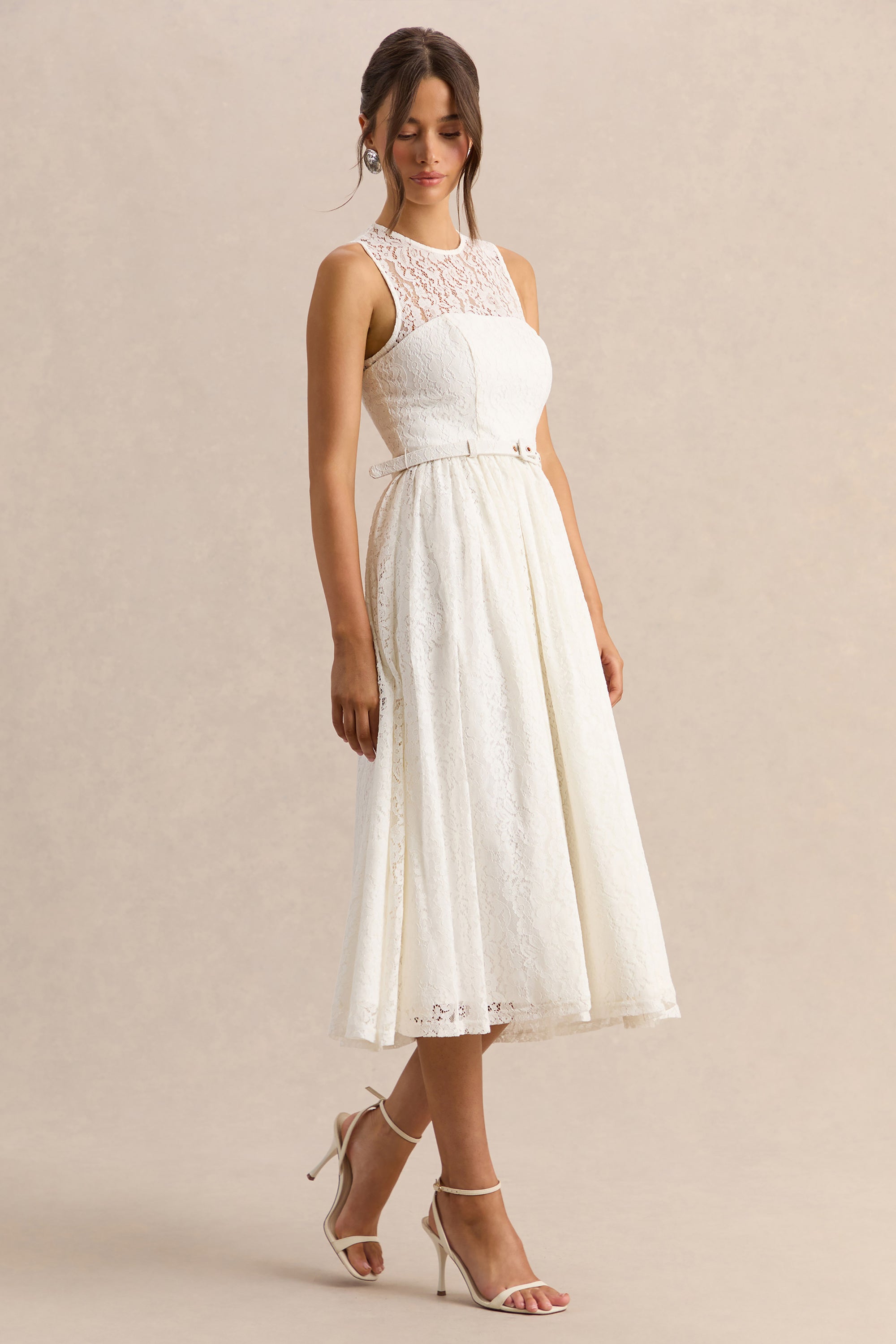 white lace high neck midi dress Warehouse Women's Lace High Neck Smock Midi Dress in Cream