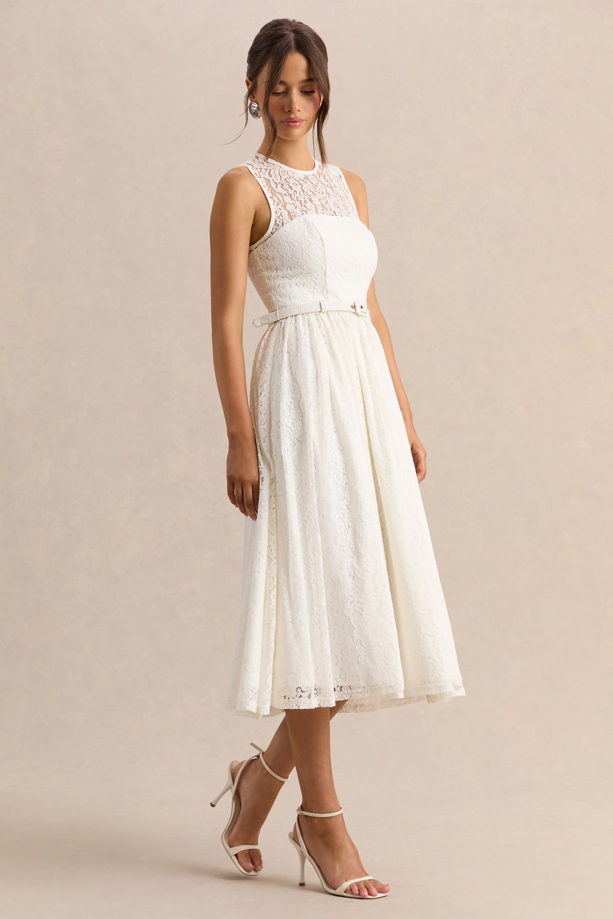 Anabella White Lace Crew-Neck Belted Midi-Dress Club L London - USA Anabella White Lace Crew-Neck Belted Midi-Dress Club L London - USA