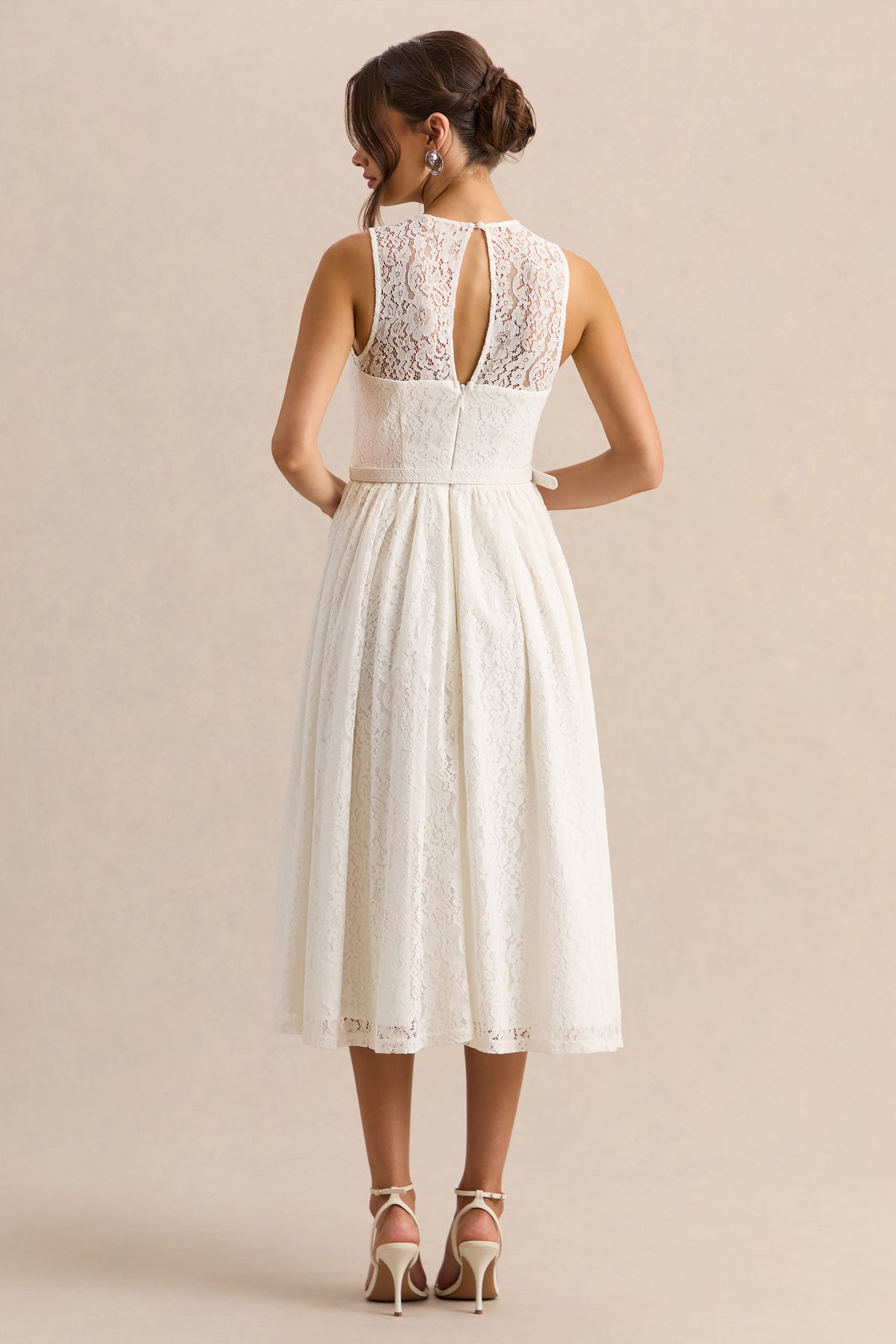 Anabella | White Lace Crew-Neck Belted Midi-Dress US 2 / OFF White Anabella | White Lace Crew-Neck Belted Midi-Dress US 2 / OFF White