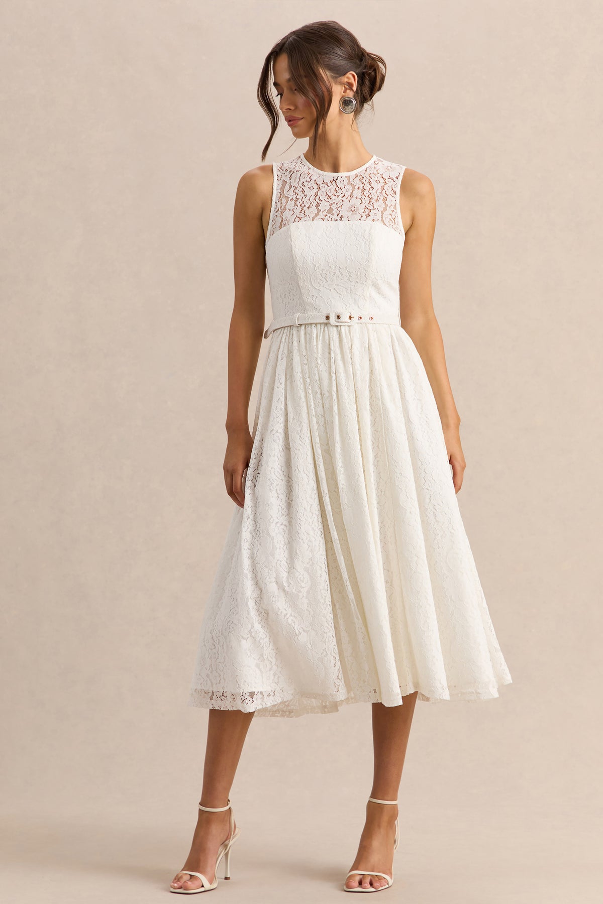 Anabella | White Lace Crew-Neck Belted Midi-Dress US 2 / OFF White Anabella | White Lace Crew-Neck Belted Midi-Dress US 2 / OFF White