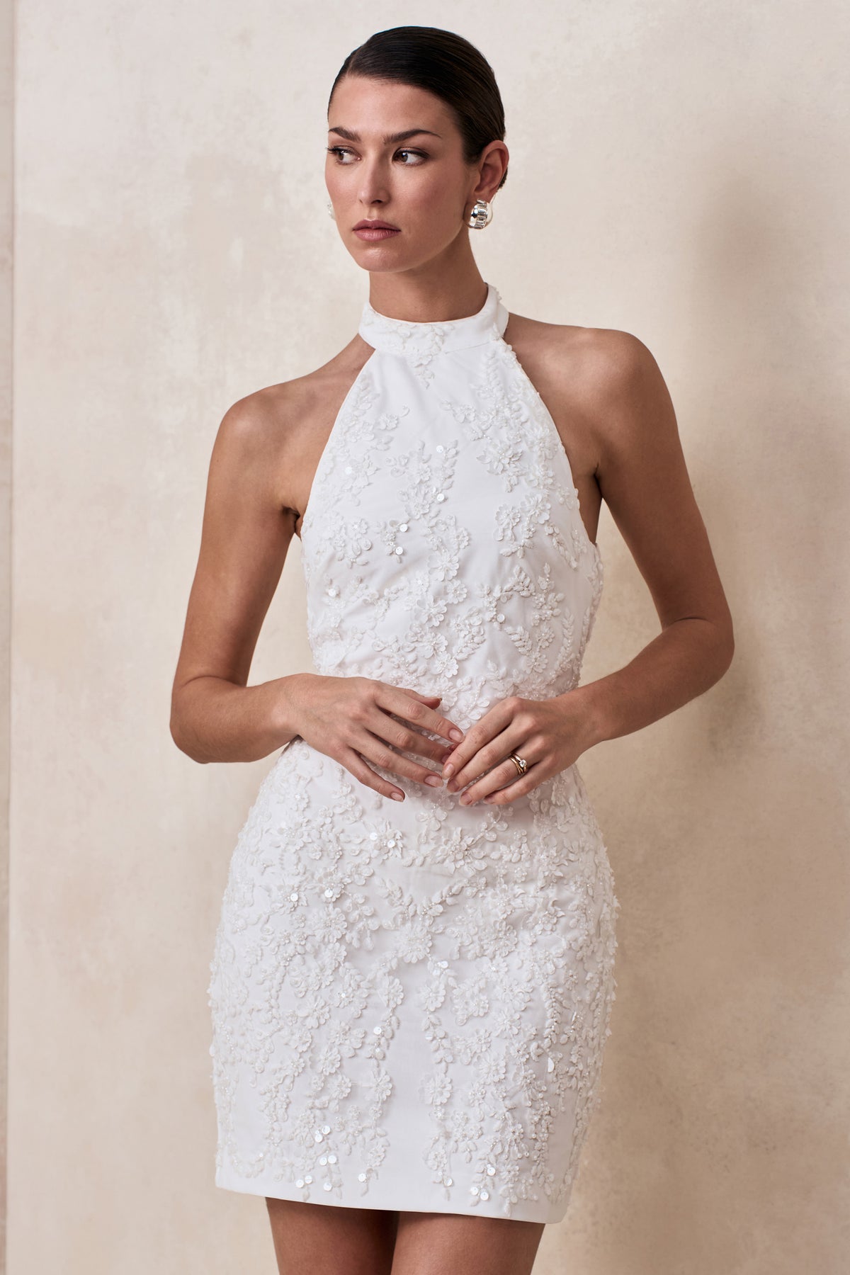 Penelope White Embellished High Neck Mini Dress Club L London - USA Penelope White Embellished High Neck Mini Dress Club L London - USA