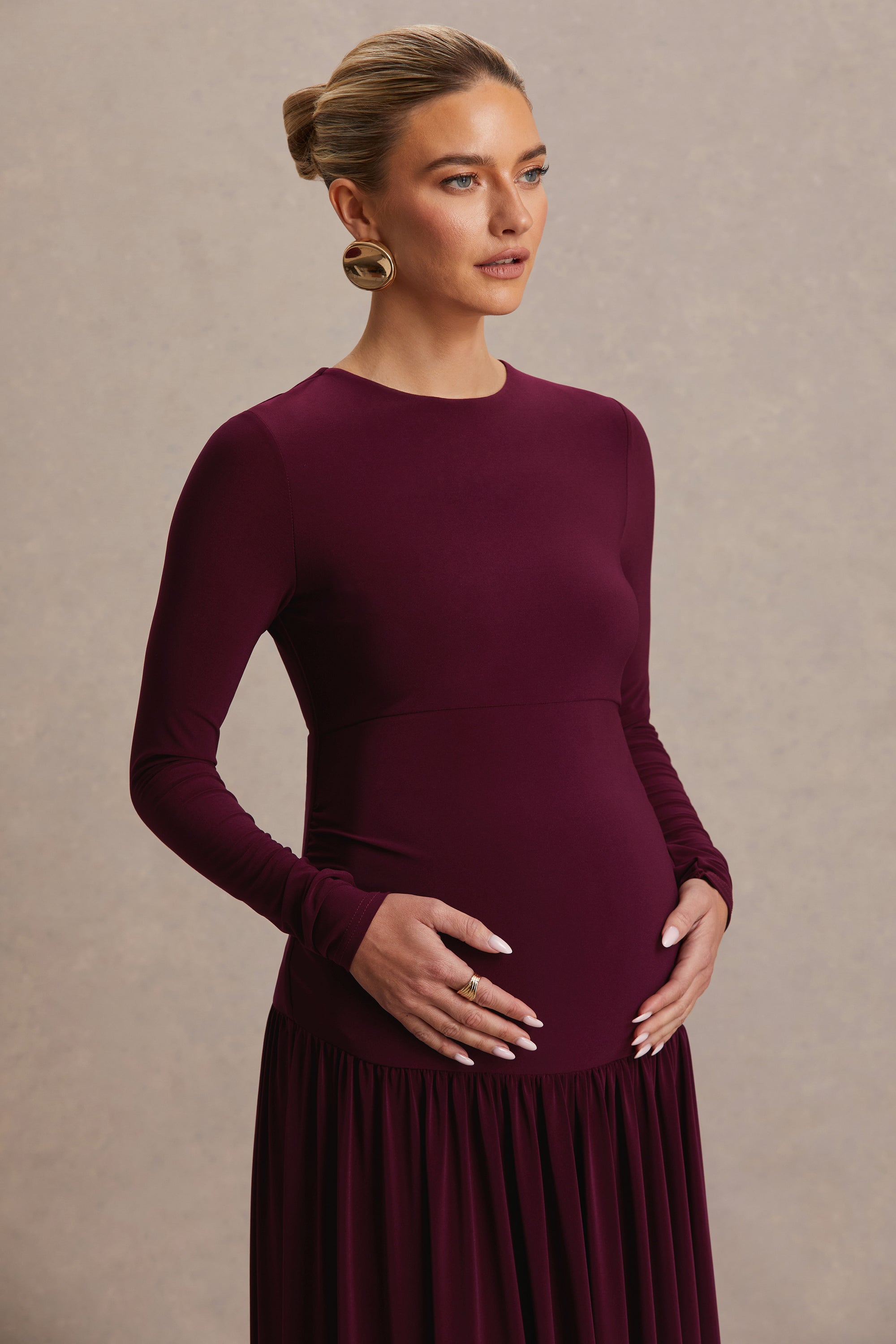 Monroe | Burgundy Crew-Neck Maternity Maxi Dress With Drop-Waist