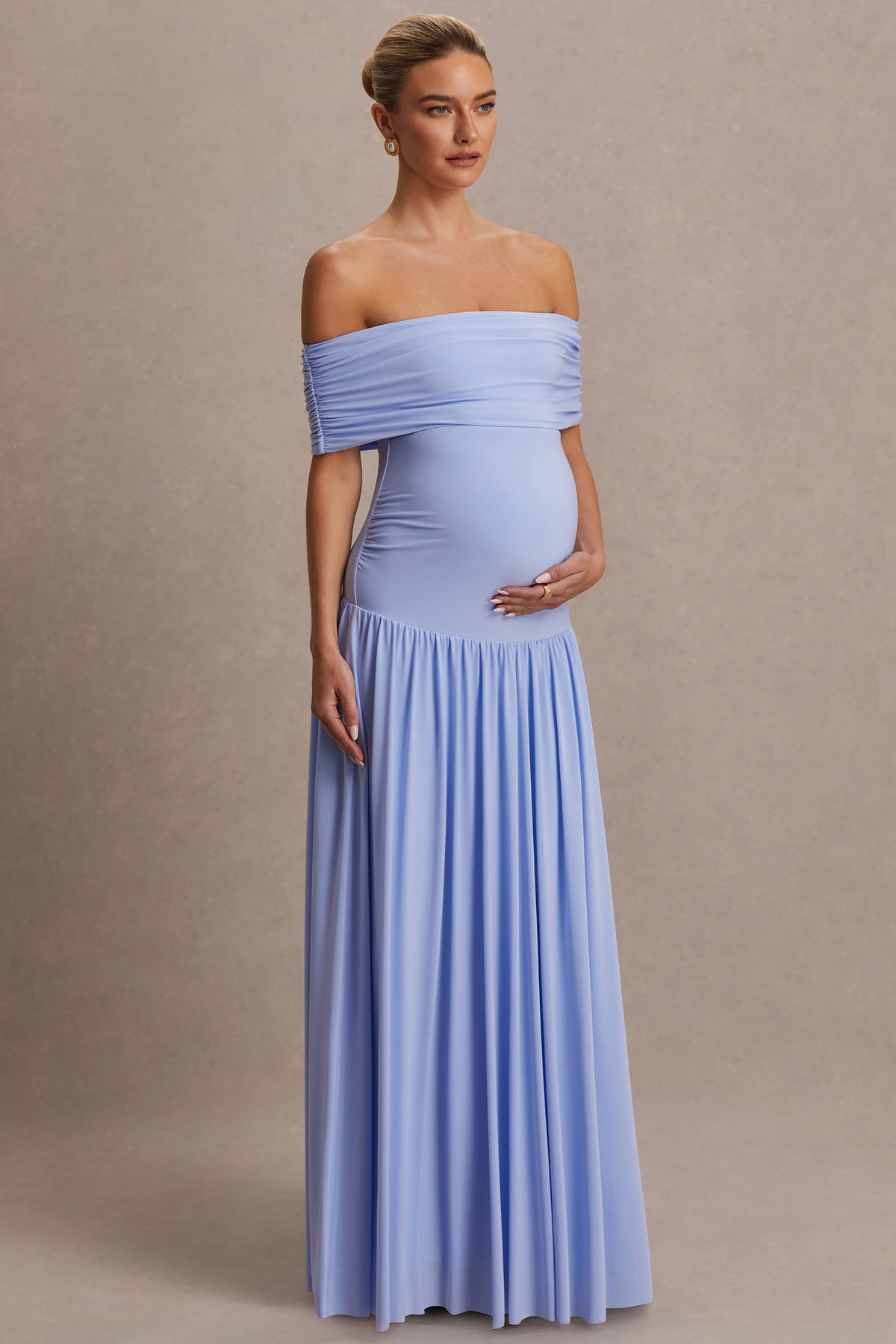 Juliette Powder Blue Bardot-Neck Maternity Maxi Dress With Drop-Wais Club L London - USA Juliette Powder Blue Bardot-Neck Maternity Maxi Dress With Drop-Wais Club L London - USA