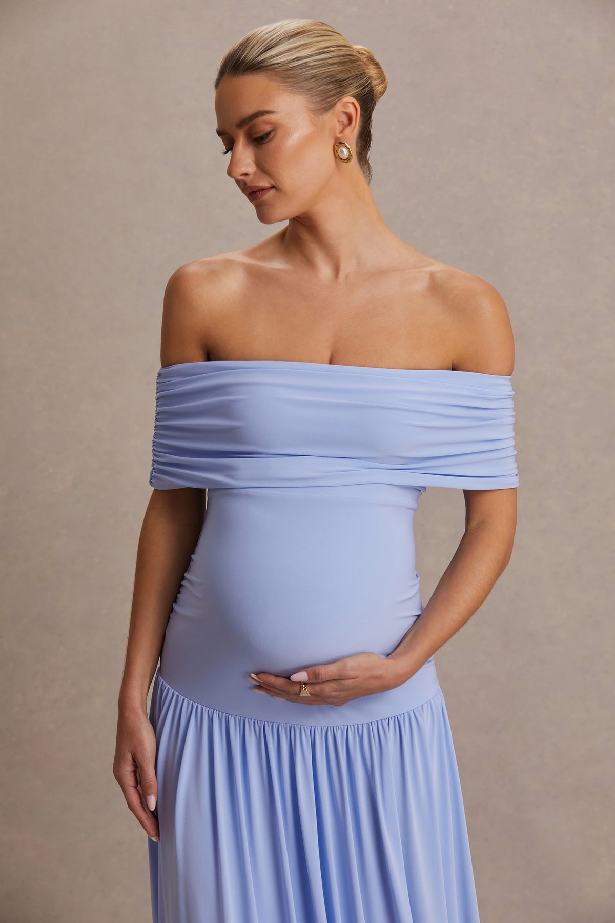 Juliette Powder Blue Bardot-Neck Maternity Maxi Dress With Drop-Wais Club L London - USA Juliette Powder Blue Bardot-Neck Maternity Maxi Dress With Drop-Wais Club L London - USA