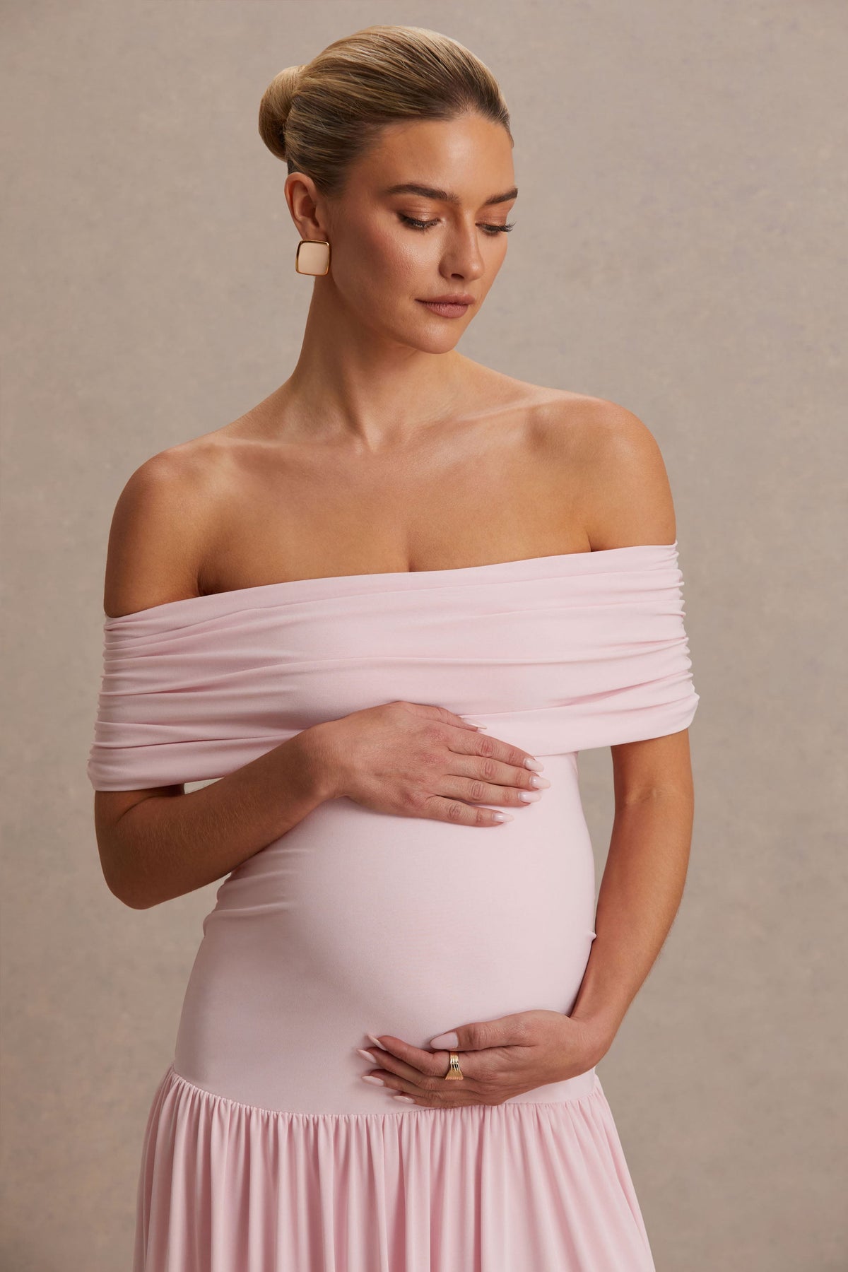 Juliette Blush Pink Bardot-Neck Maternity Maxi Dress With Drop-Waist Club L London - USA Juliette Blush Pink Bardot-Neck Maternity Maxi Dress With Drop-Waist Club L London - USA