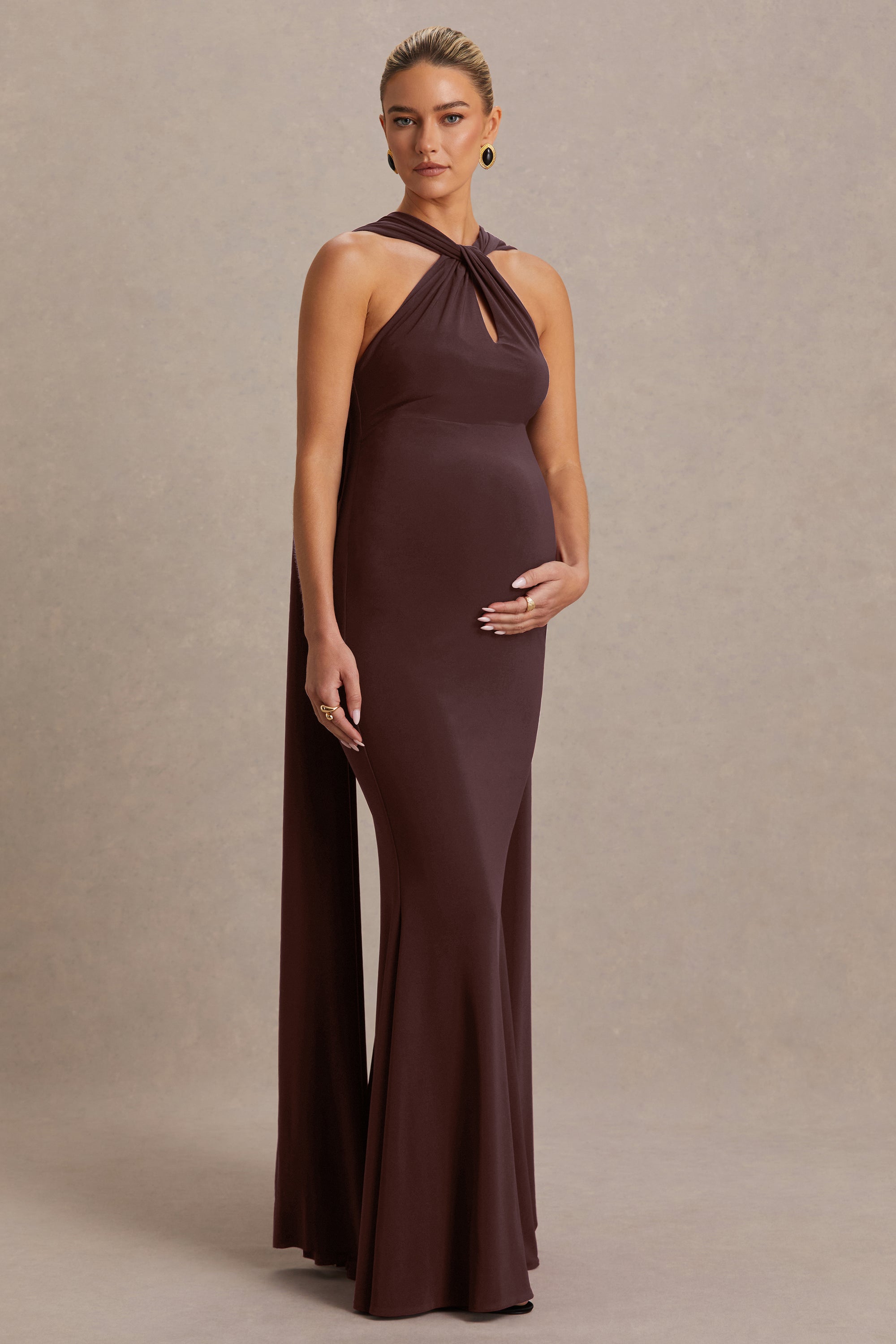 Lyra | Brown Cross Halter-Neck Maternity Maxi Dress With Cape