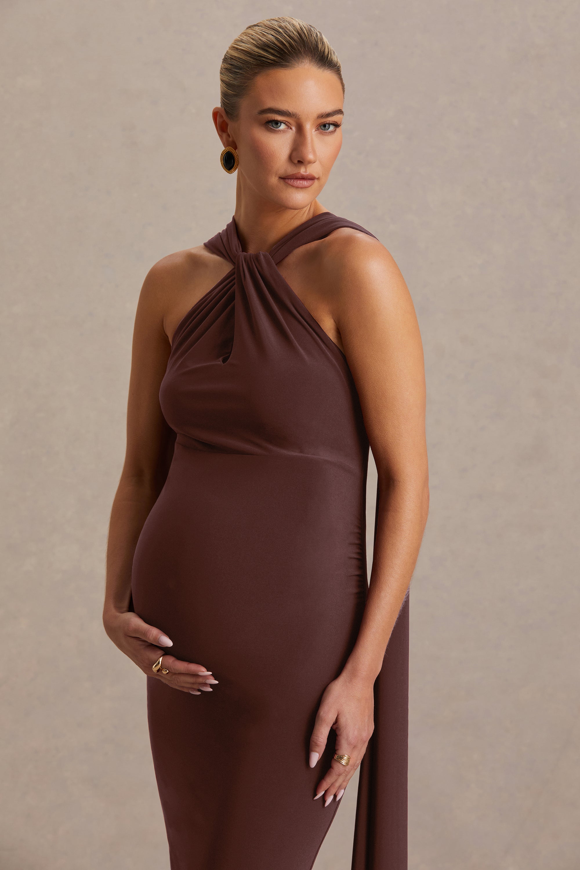 brown dress maternity Chocolate Photo Shoot Gown: Chocolate Long Sleeve Evella Maxi Dress in Brown