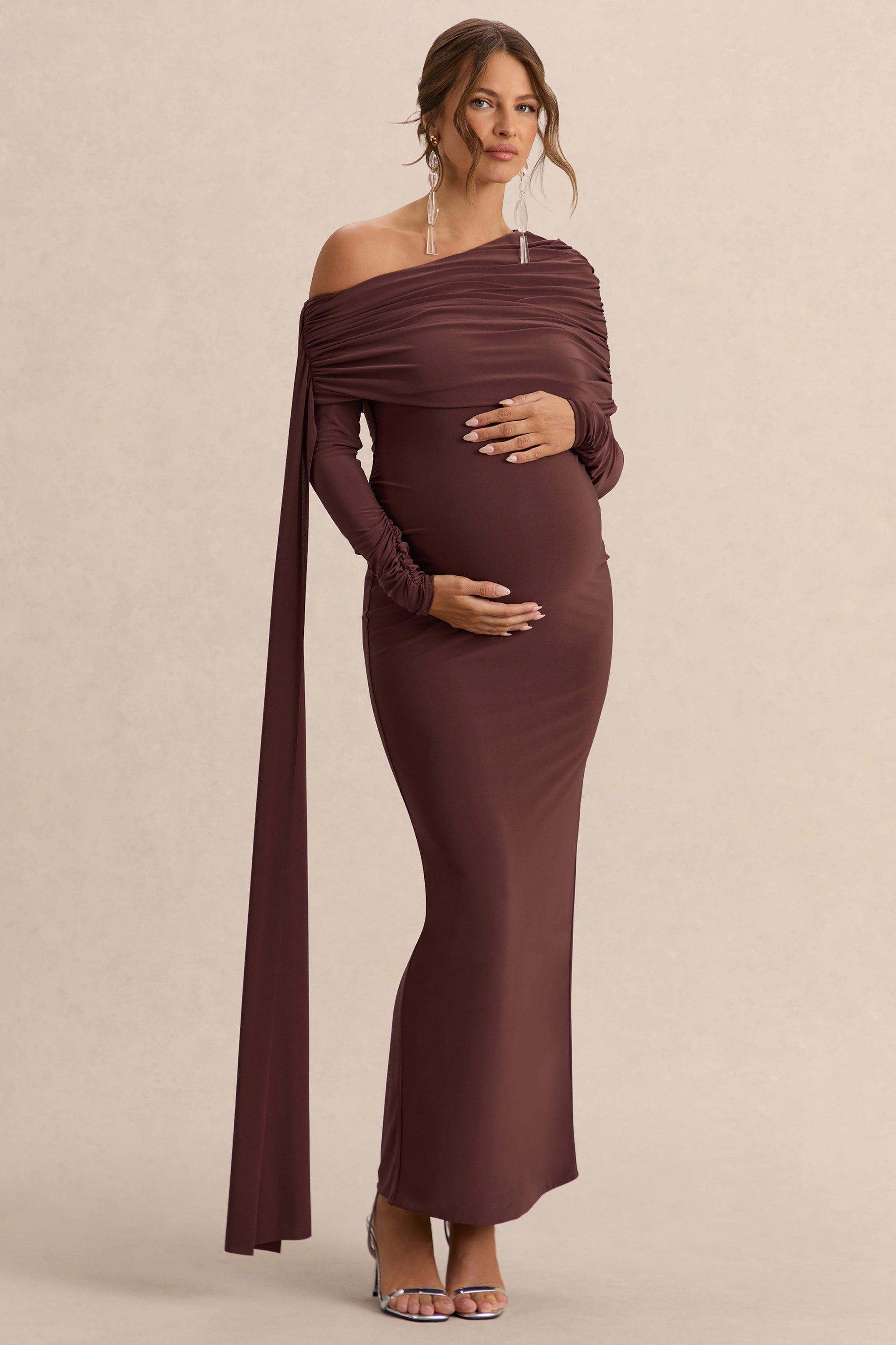Cyra | Brown Asymmetric-Neck Maternity Maxi Dress With Sash