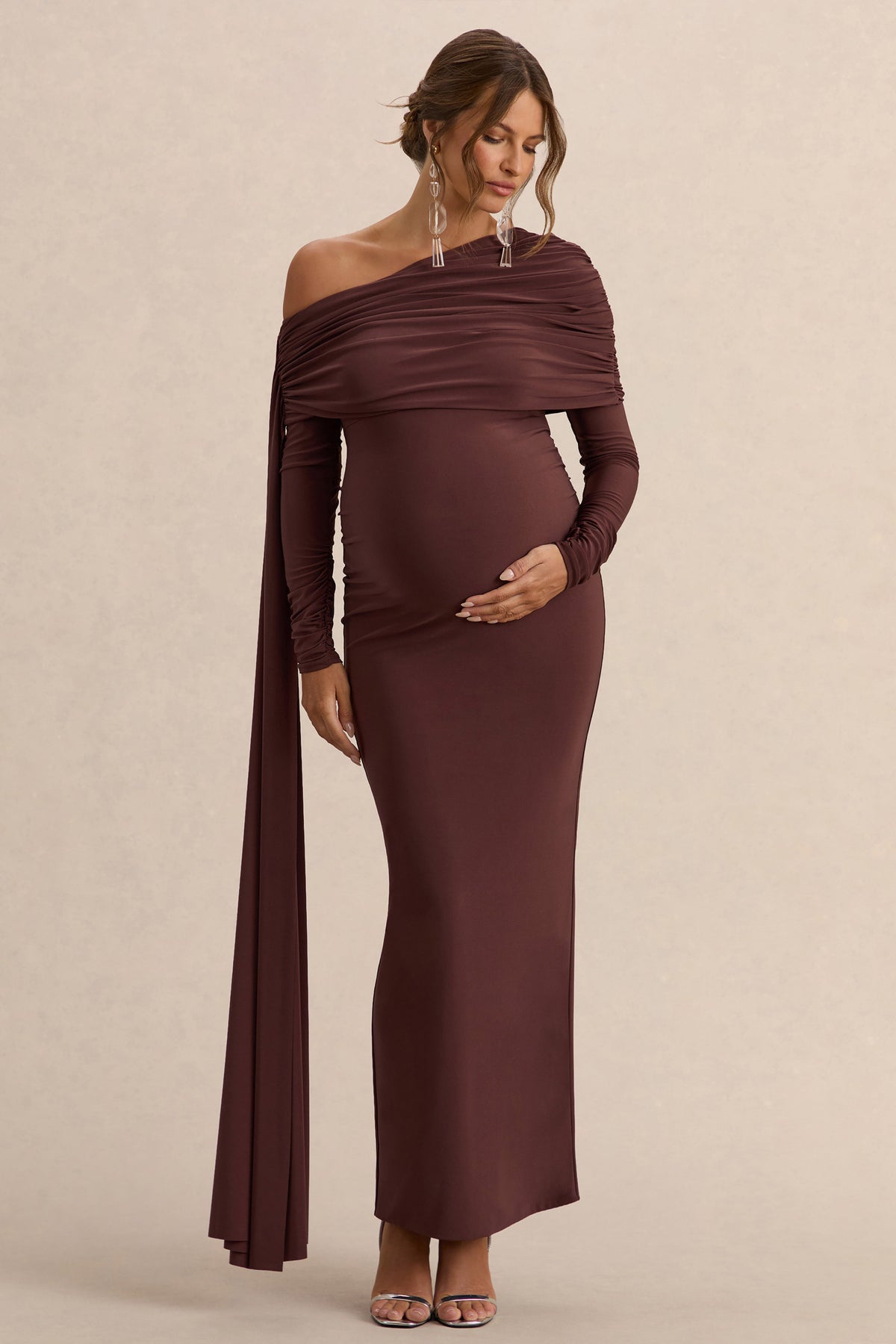Cyra | Brown Asymmetric-Neck Maternity Maxi Dress With Sash - UK 16 Brown Cyra | Brown Asymmetric-Neck Maternity Maxi Dress With Sash - UK 16 Brown