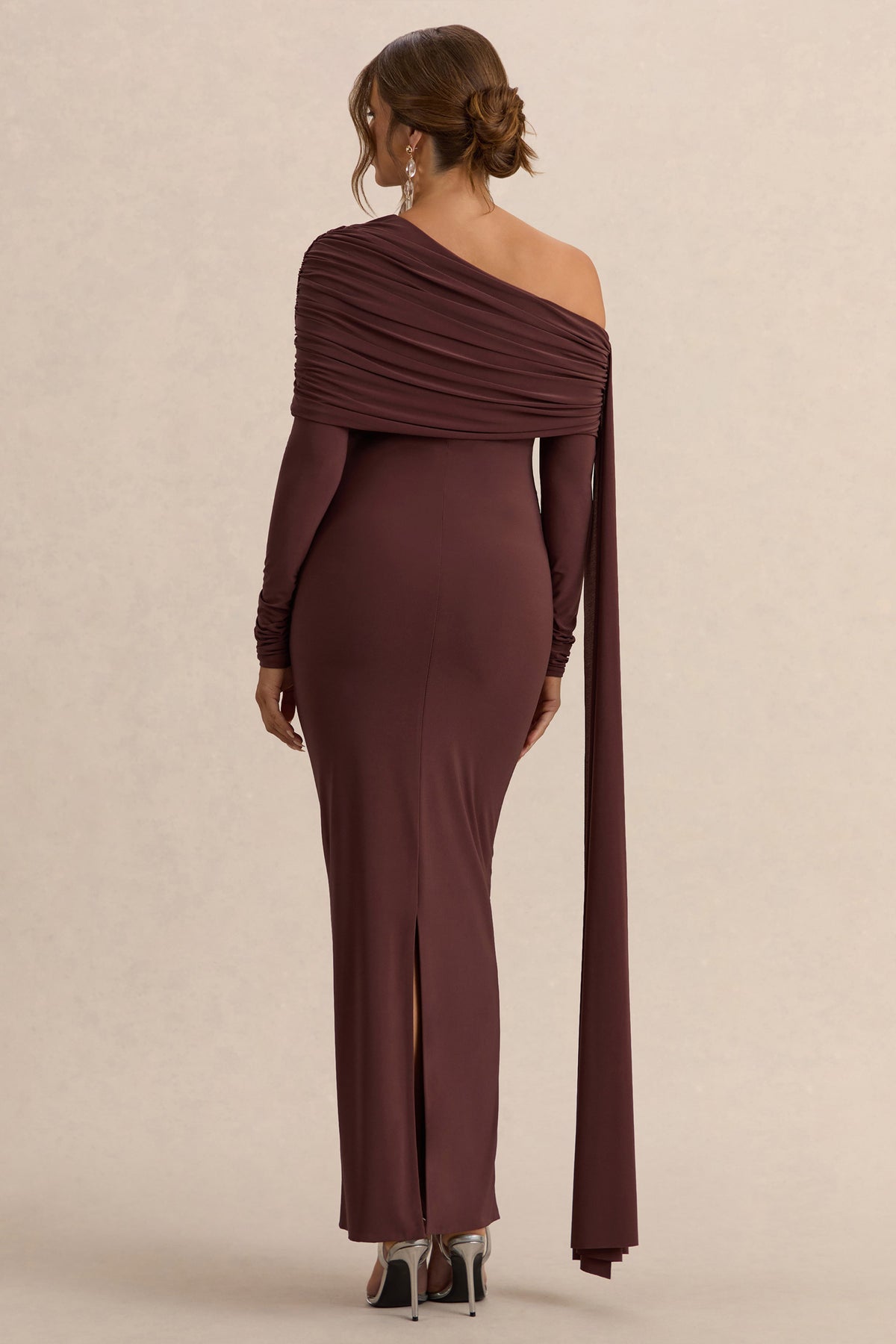 Cyra | Brown Asymmetric-Neck Maternity Maxi Dress With Sash - UK 16 Brown Cyra | Brown Asymmetric-Neck Maternity Maxi Dress With Sash - UK 16 Brown