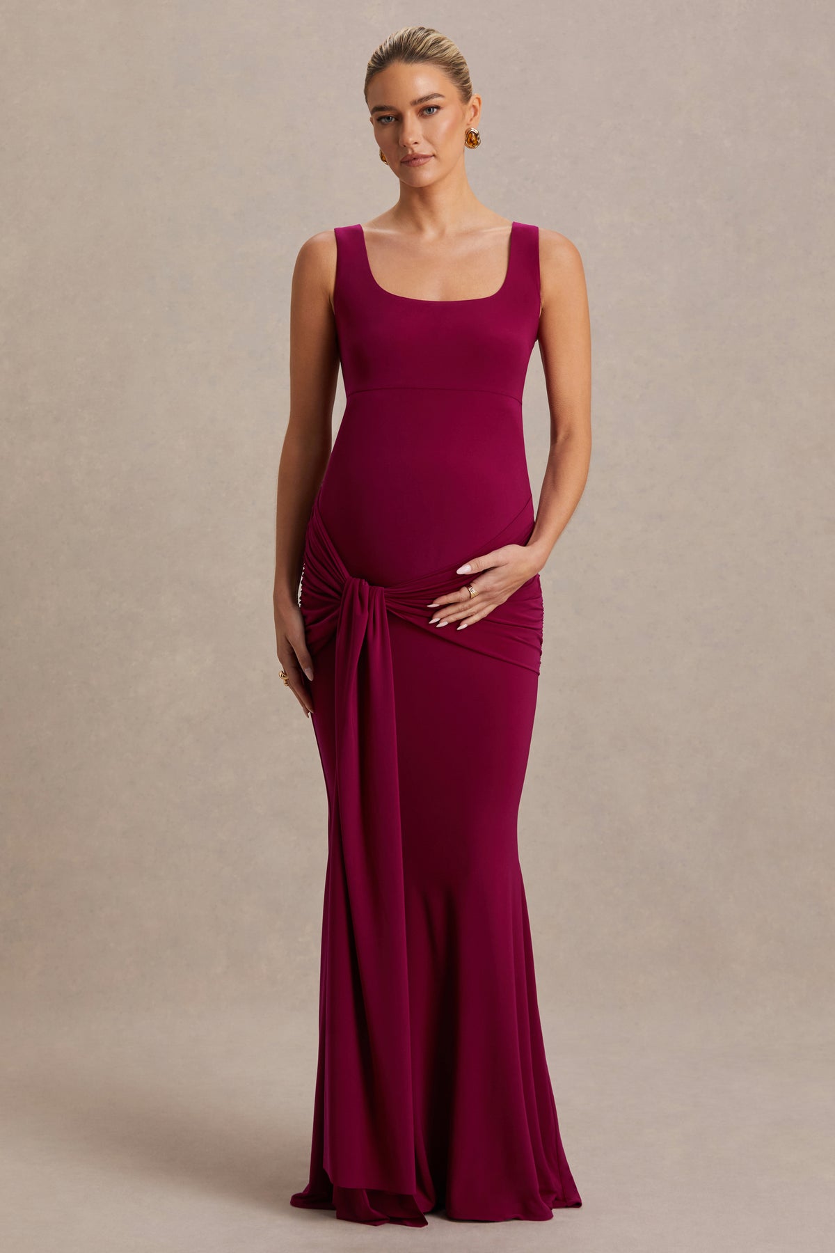 Baylin Baylin Burgundy Square-Neck Maternity Maxi Dress With Ruched Detaili ...