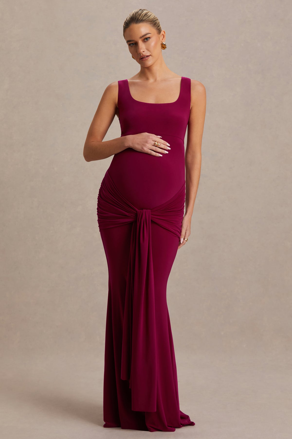 Baylin Baylin Burgundy Square-Neck Maternity Maxi Dress With Ruched Detaili ...