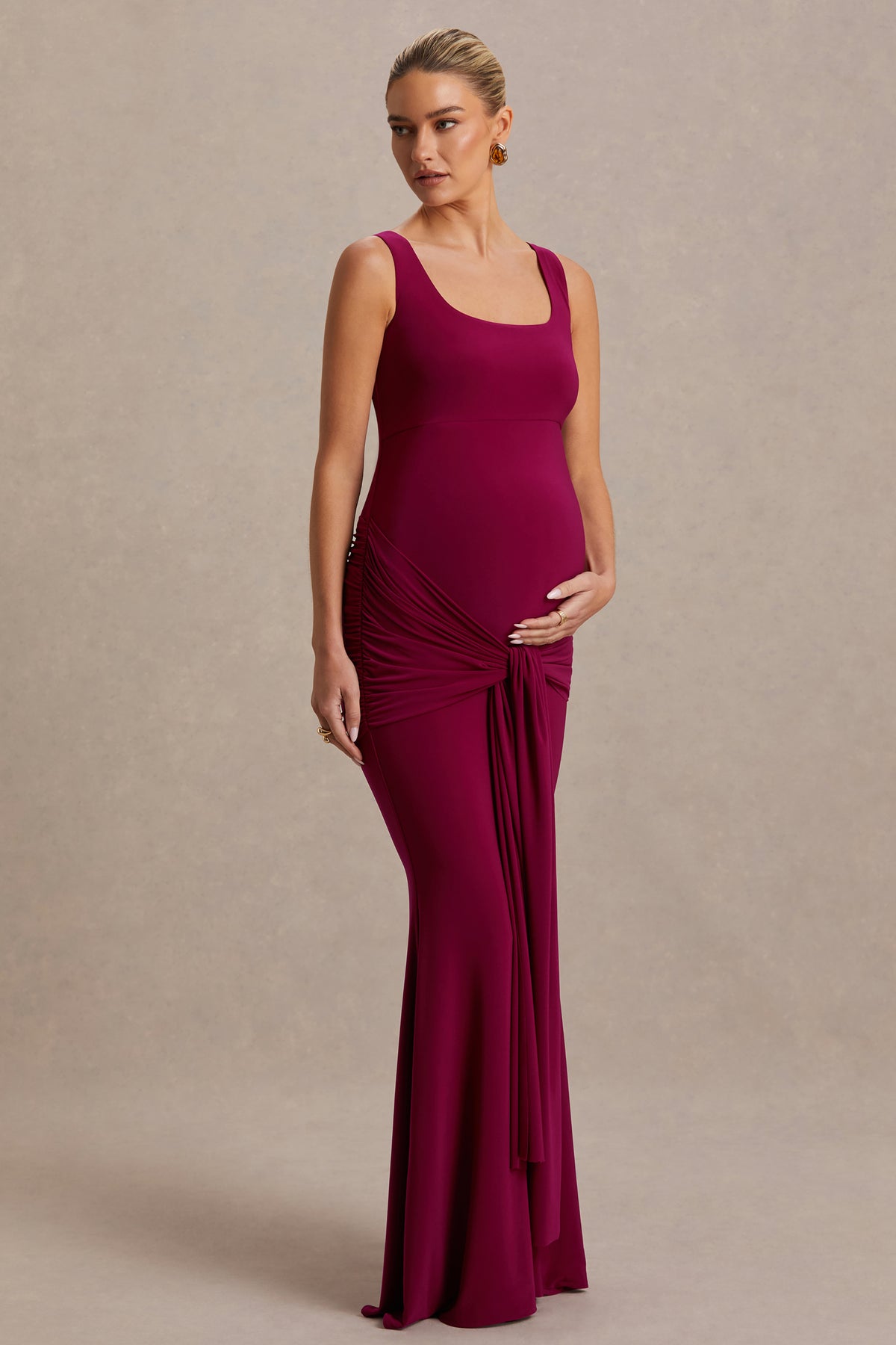Baylin Baylin Burgundy Square-Neck Maternity Maxi Dress With Ruched Detaili ...
