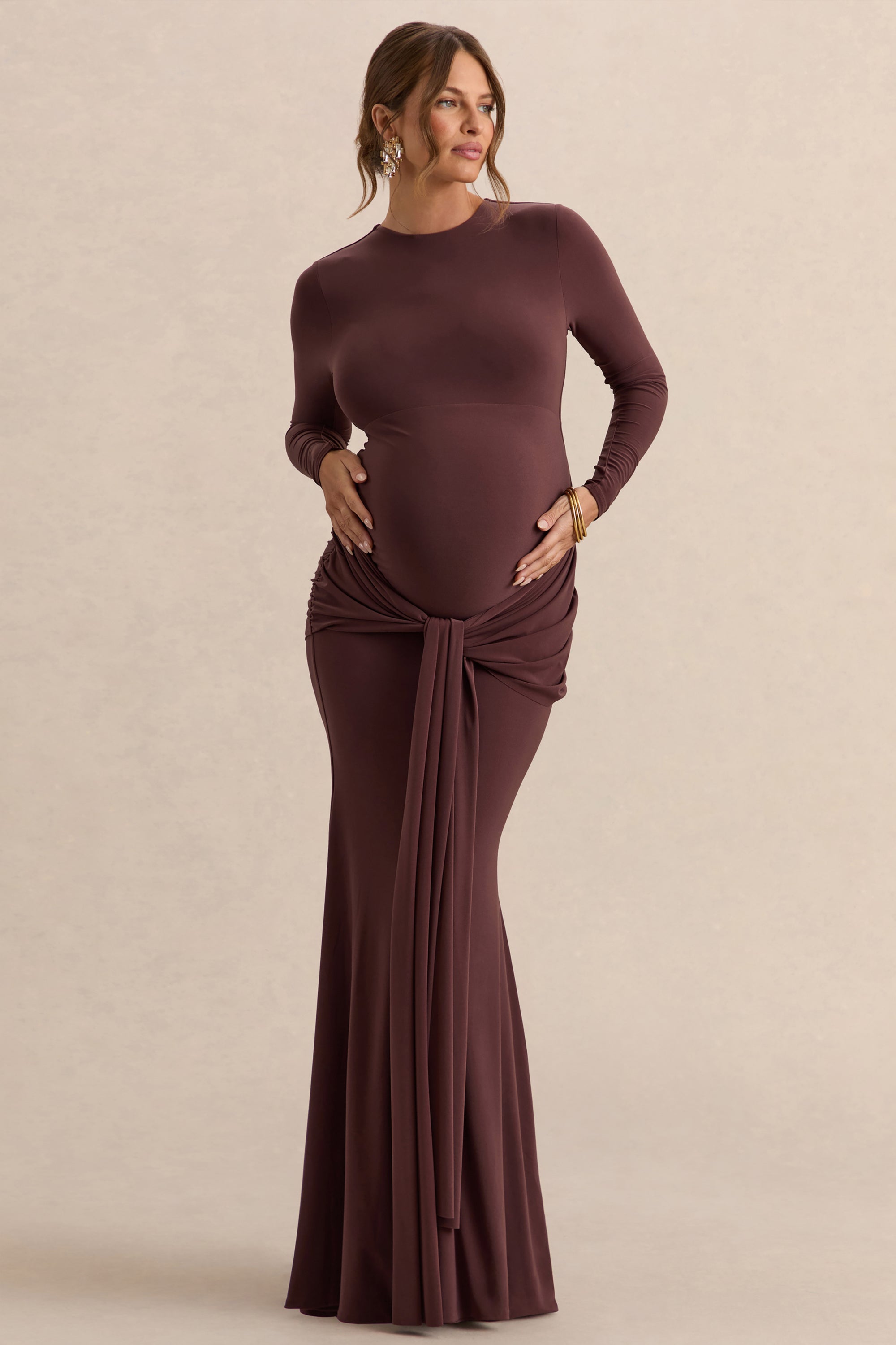 evening gown maternity dresses Maternity Plunging Neck Long Sleeve Contrast Mesh Formal Dress Elonnashop