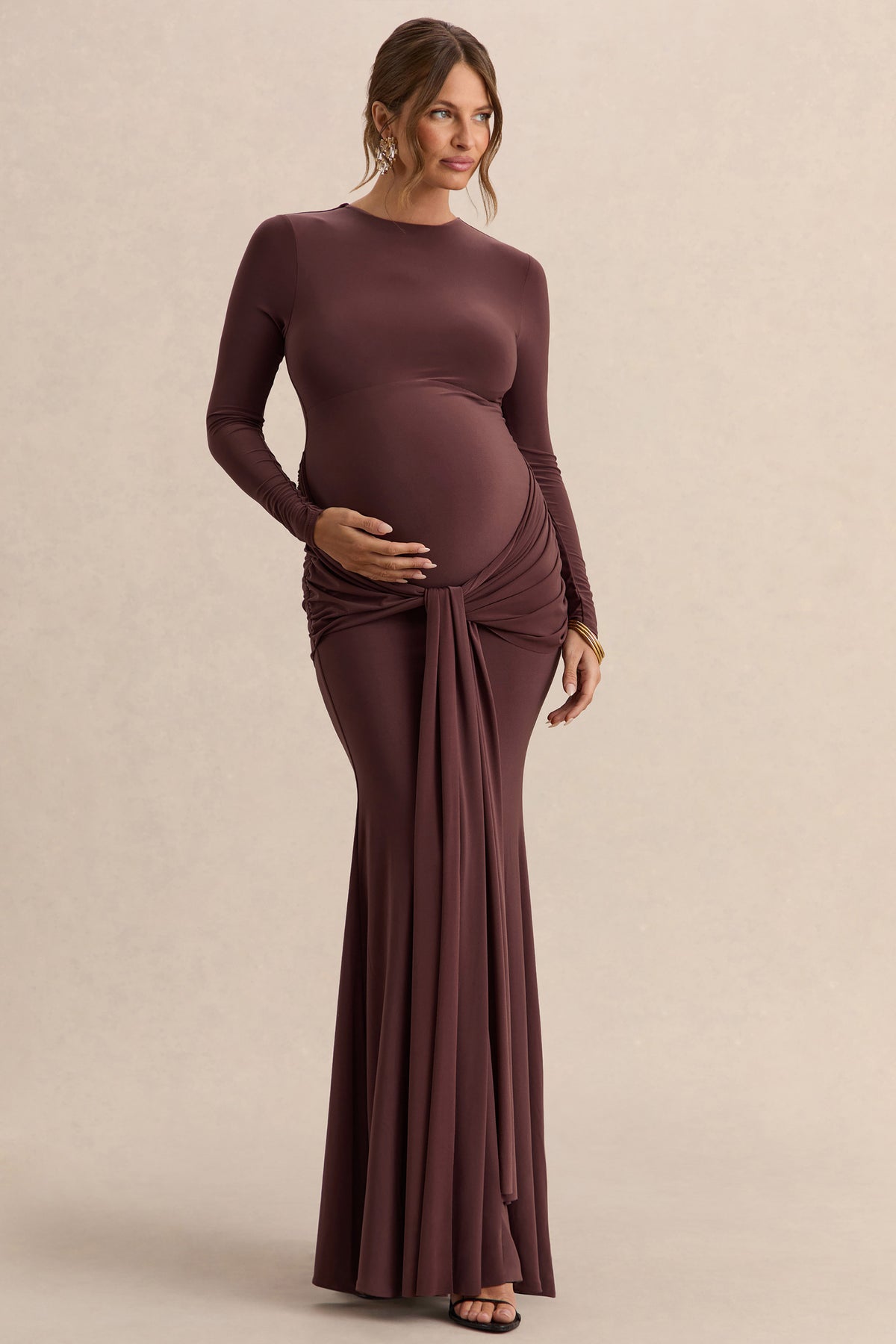 Aveny | Brown Crew-Neck Maternity Maxi Dress with Ruched-Detailing and Sash - UK 12 Brown Aveny | Brown Crew-Neck Maternity Maxi Dress with Ruched-Detailing and Sash - UK 12 Brown