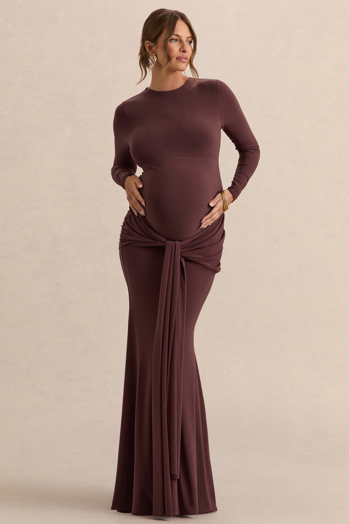 Aveny | Brown Crew-Neck Maternity Maxi Dress With Ruched-Detailing And Sash - UK 12 Brown Aveny | Brown Crew-Neck Maternity Maxi Dress With Ruched-Detailing And Sash - UK 12 Brown