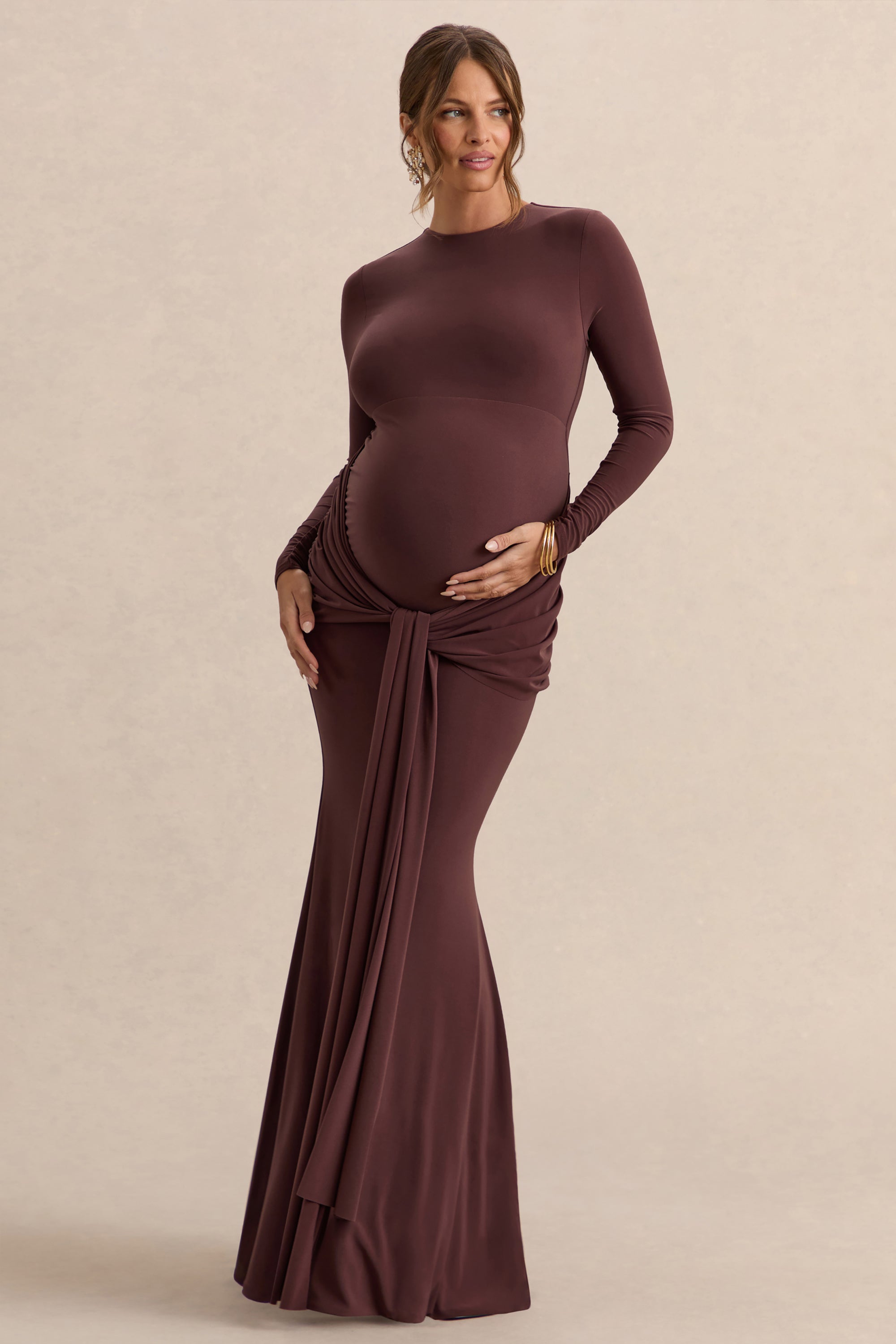 Aveny | Brown Crew-Neck Maternity Maxi Dress With Ruched-Detailing And Sash