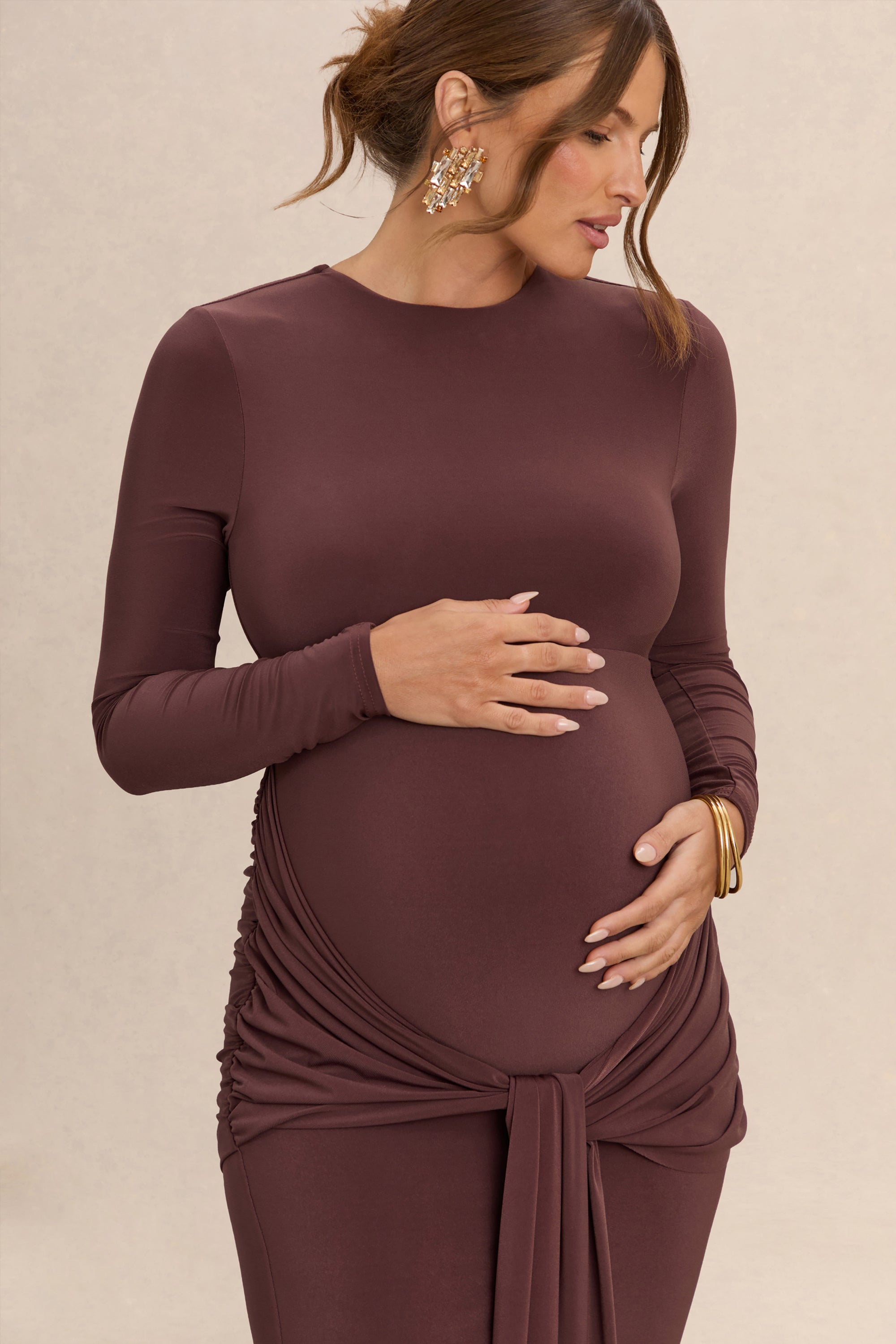 brown long sleeve maternity dress Brown Floral Smocked Long Sleeve Maternity Dress PinkBlush