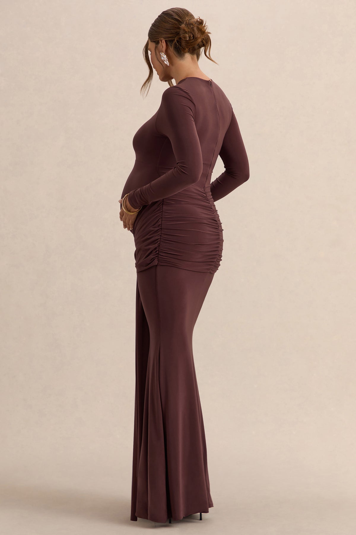 Aveny | Brown Crew-Neck Maternity Maxi Dress With Ruched-Detailing And Sash - UK 12 Brown Aveny | Brown Crew-Neck Maternity Maxi Dress With Ruched-Detailing And Sash - UK 12 Brown