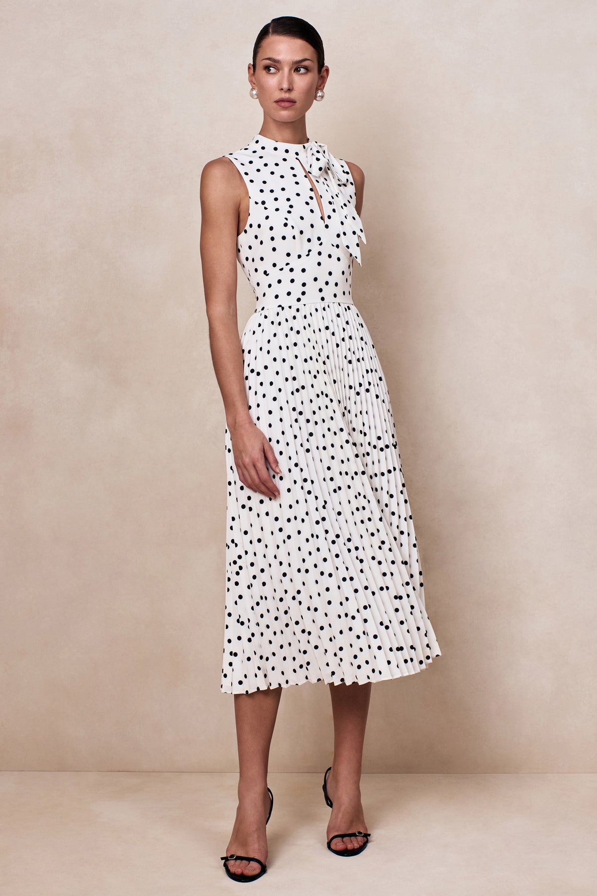 Avalon White Polka Dot Scarf-Neck Midi Dress With Pleated Skirt Club L London - USA Avalon White Polka Dot Scarf-Neck Midi Dress With Pleated Skirt Club L London - USA