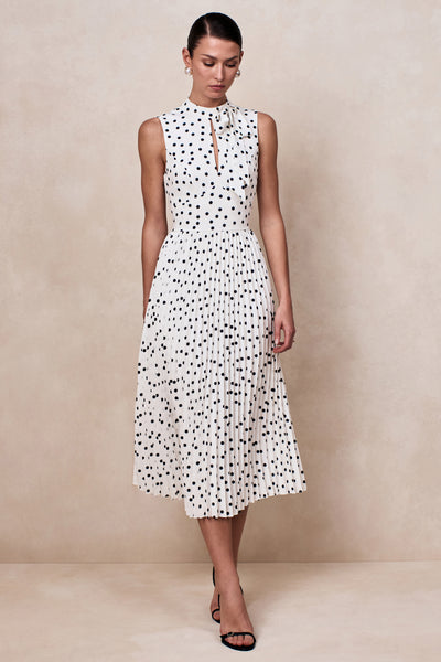 Avalon White Polka Dot Scarf-Neck Midi Dress With Pleated Skirt Club L London - USA Avalon White Polka Dot Scarf-Neck Midi Dress With Pleated Skirt Club L London - USA