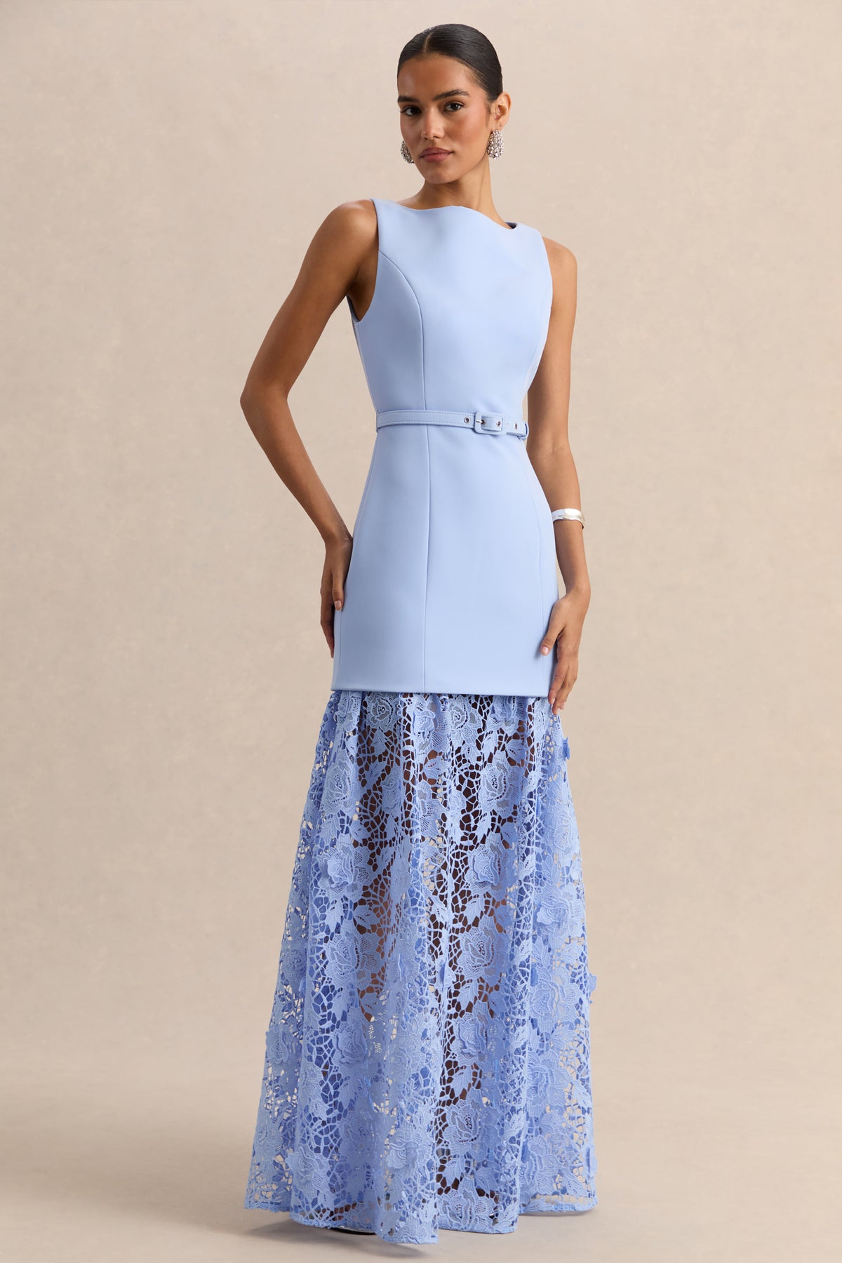 Verena | Powder BLUE Boat-Neck Belted Maxi Dress With Lace Skirt - UK 6 LIGHT BLUE Verena | Powder BLUE Boat-Neck Belted Maxi Dress With Lace Skirt - UK 6 LIGHT BLUE